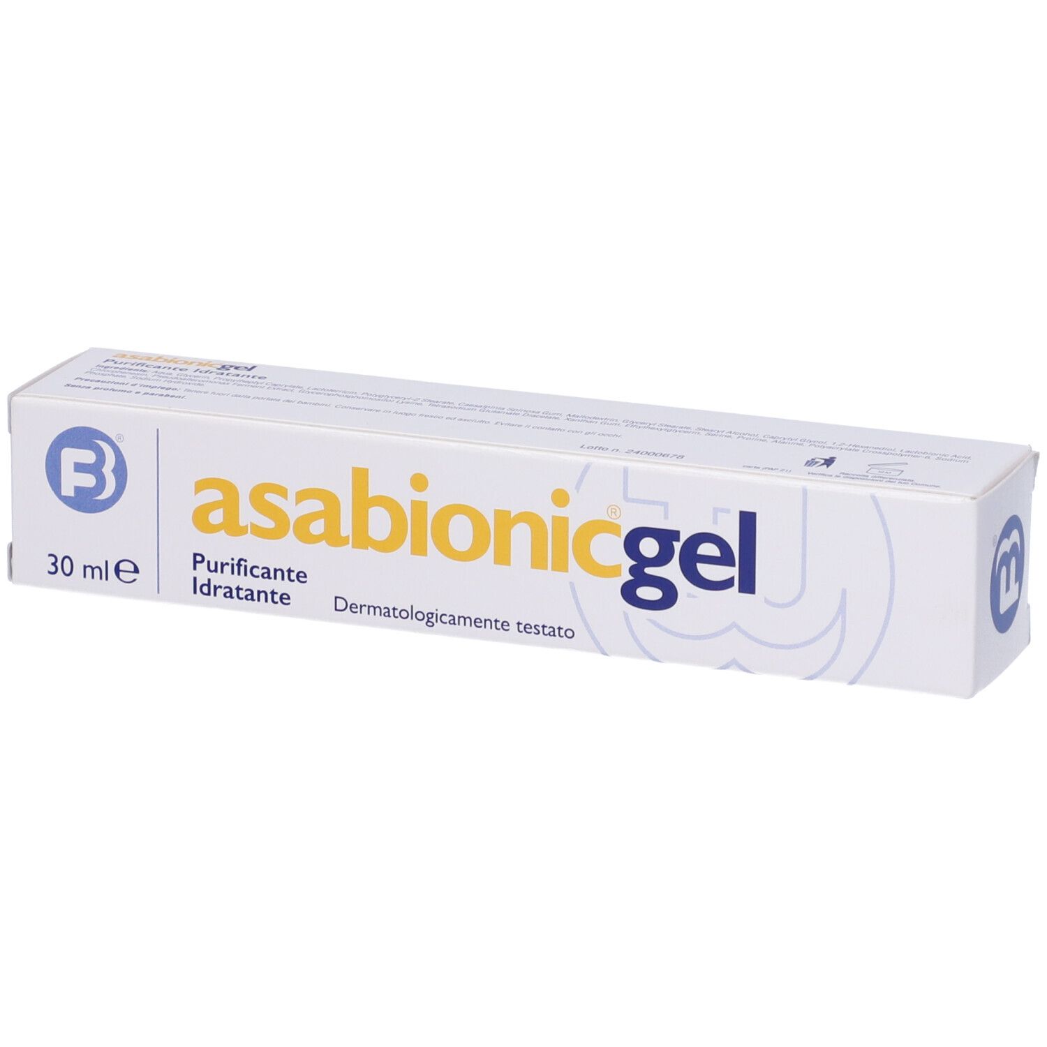 Schachtel mit Produktaufdruck. Aufschrift: Asabionic gel, 30 ml. Logo: B.