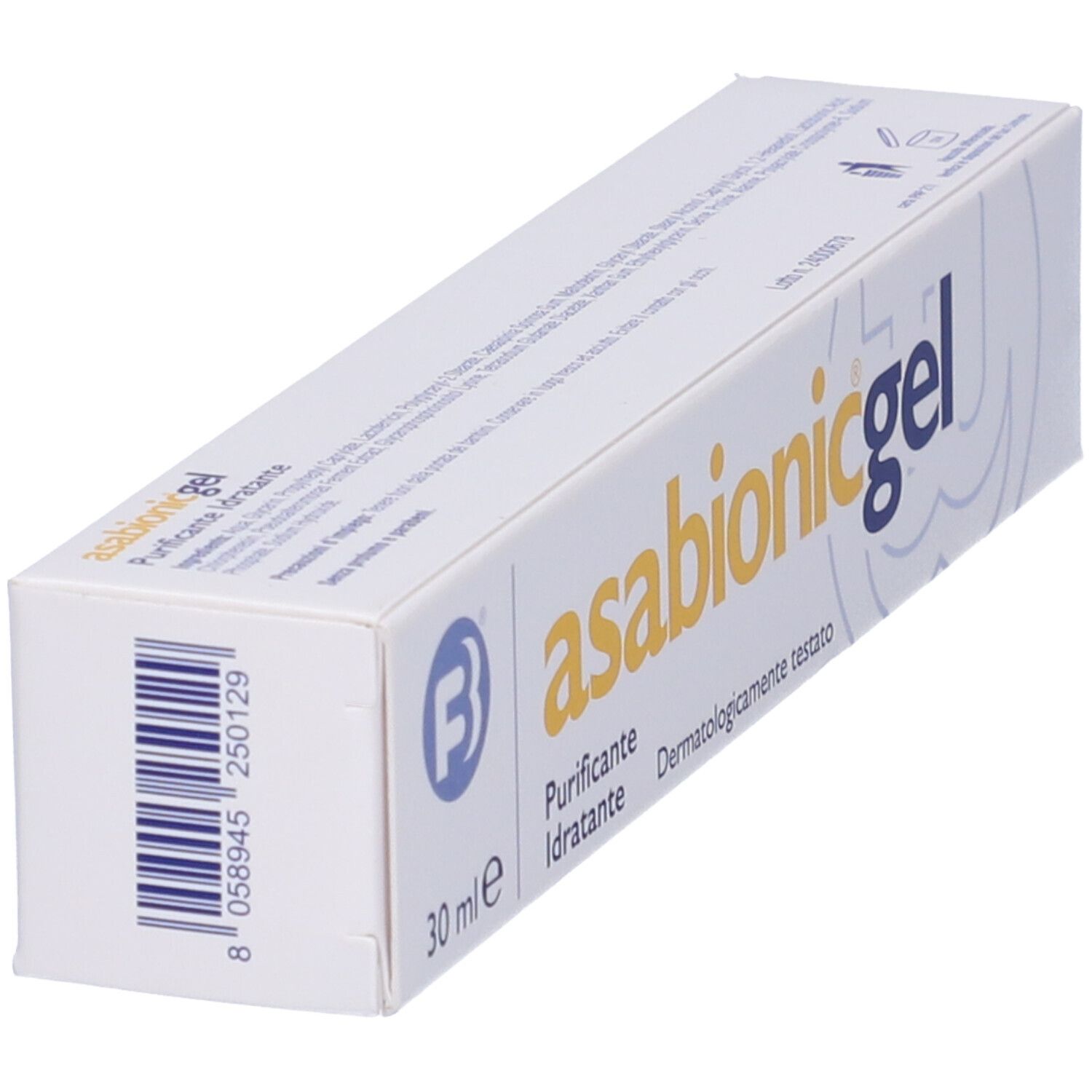 Schachtel mit Produktaufdruck. Aufschrift: Asabionic gel, 30 ml. Logo: B.