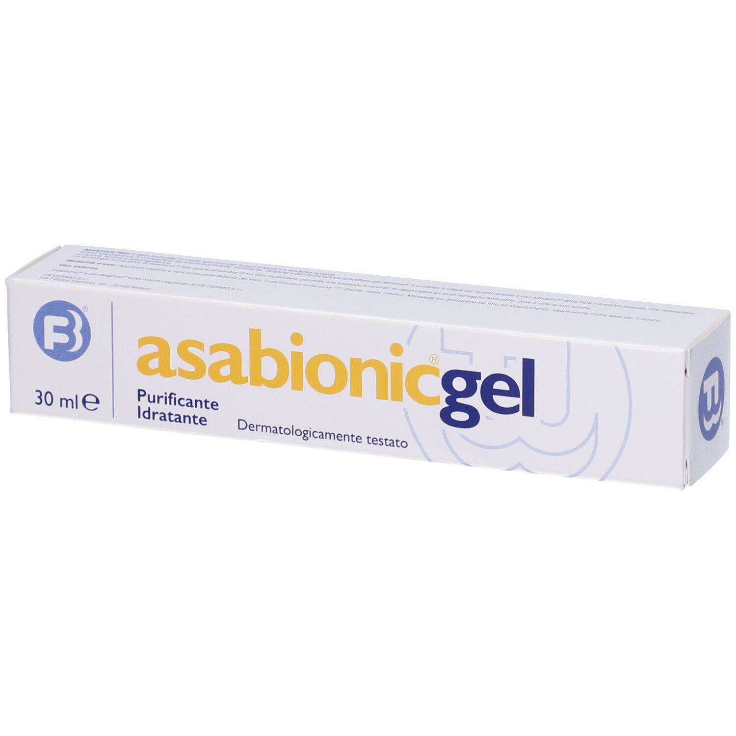Schachtel mit Produktaufdruck. Aufschrift: Asabionic gel, 30 ml. Logo: B.
