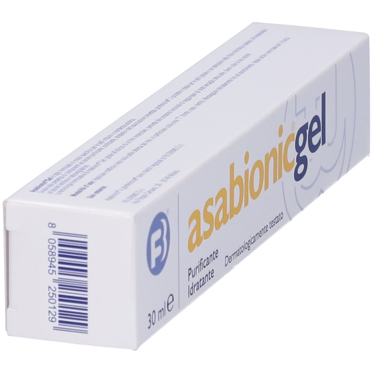 Schachtel mit Produktaufdruck. Aufschrift: Asabionic gel, 30 ml. Logo: B.