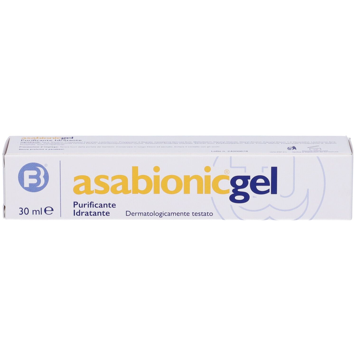 Schachtel mit Produktaufdruck. Aufschrift: Asabionic gel, 30 ml. Logo: B.