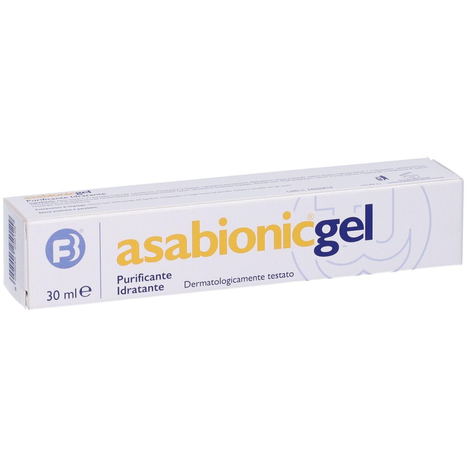 Schachtel mit Produktaufdruck. Aufschrift: Asabionic gel, 30 ml. Logo: B.