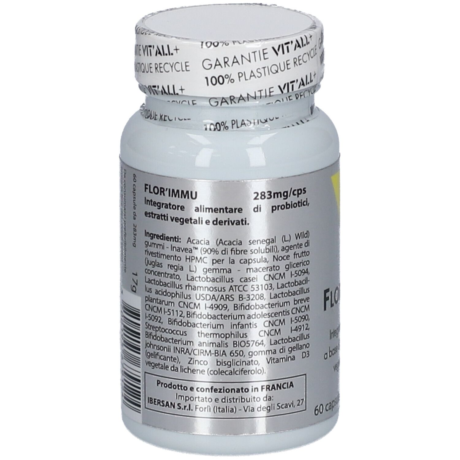 Flacon blanc de gélules. Inscription: Flor' Immu. Liste des ingrédients. 283mg/cps. 60 gélules.