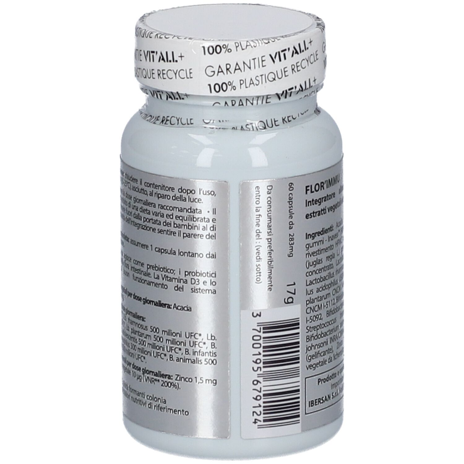Flacon blanc de gélules. Inscription: Flor' Immu. Texte et code-barres. 17g. 60 gélules.