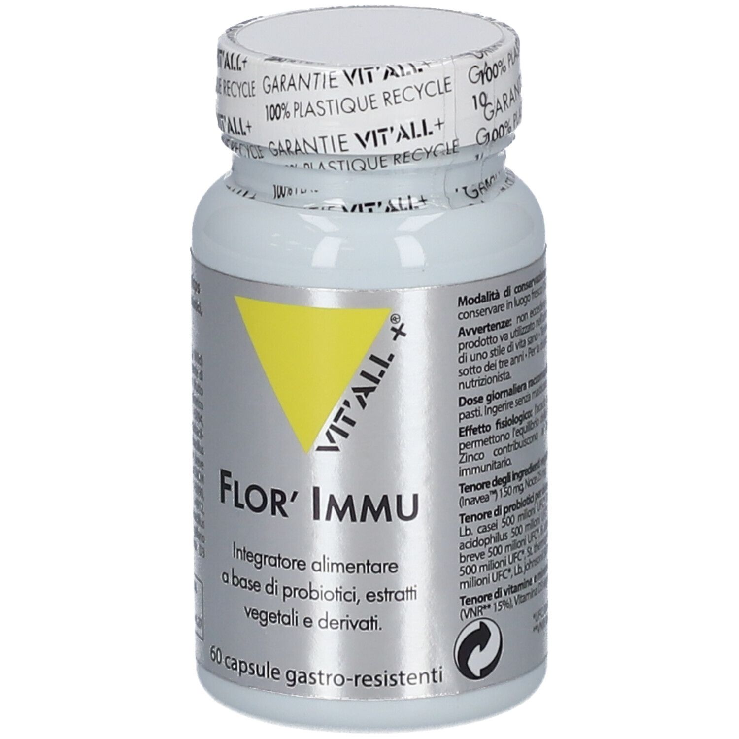 Flacon blanc de gélules. Inscription: VIT'ALL+ Flor' Immu. Triangle jaune. 60 gélules.