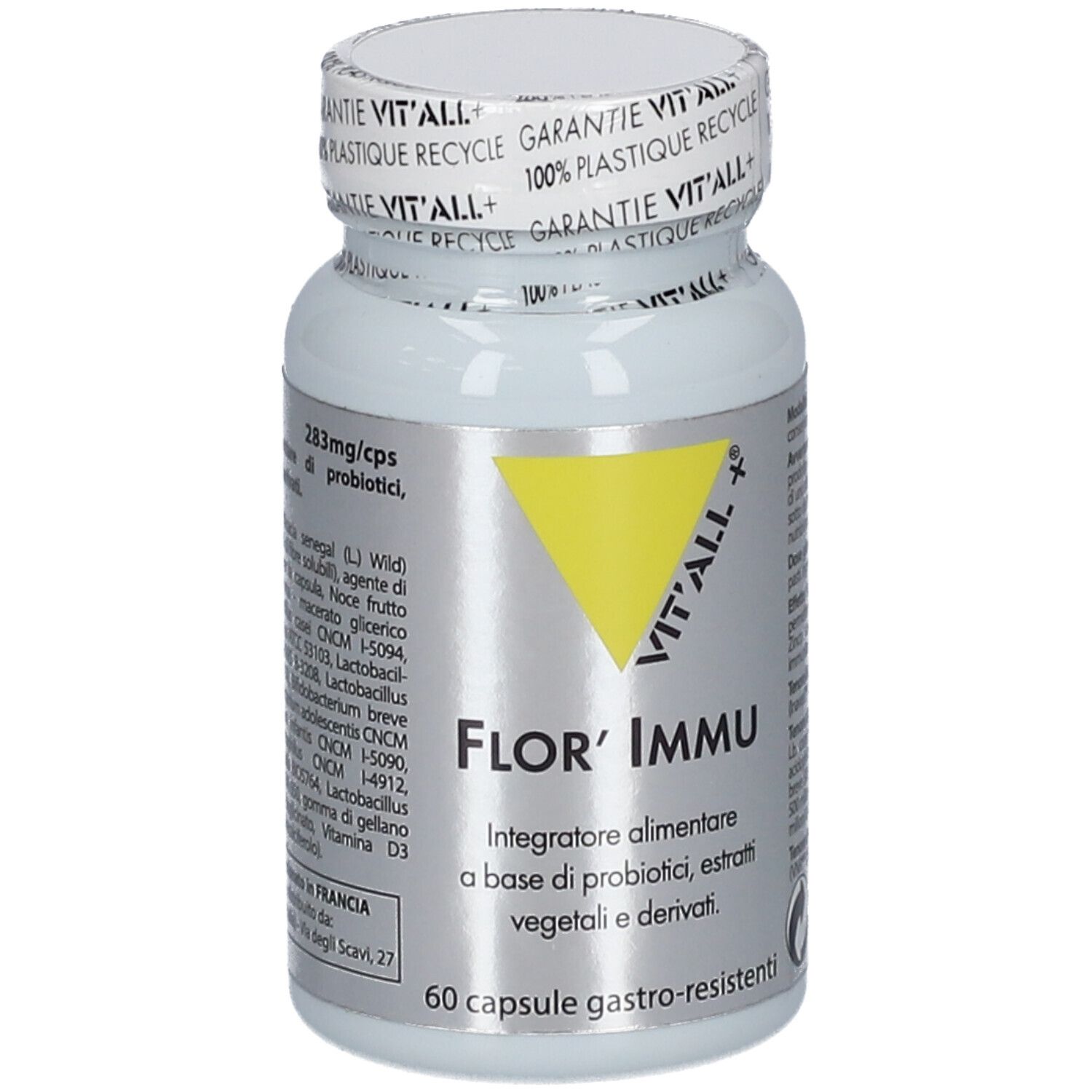 Flacon blanc de gélules. Inscription: Flor' Immu. Texte et ingrédients. 60 gélules.