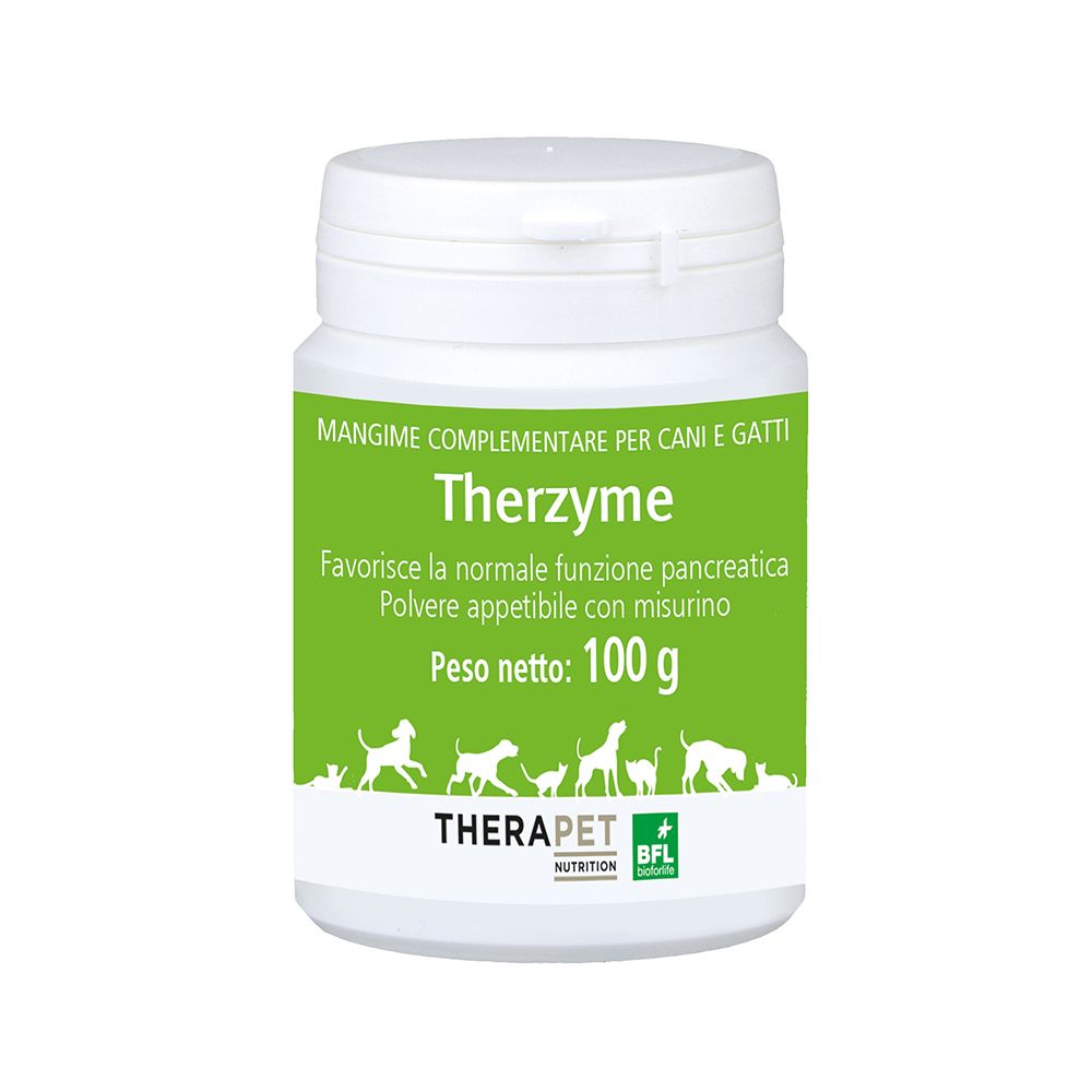 Weiße Dose mit grünem Etikett. Text: Therzyme, 100 g. Illustrationen von Hunden und Katzen. Marke: TheraPet.