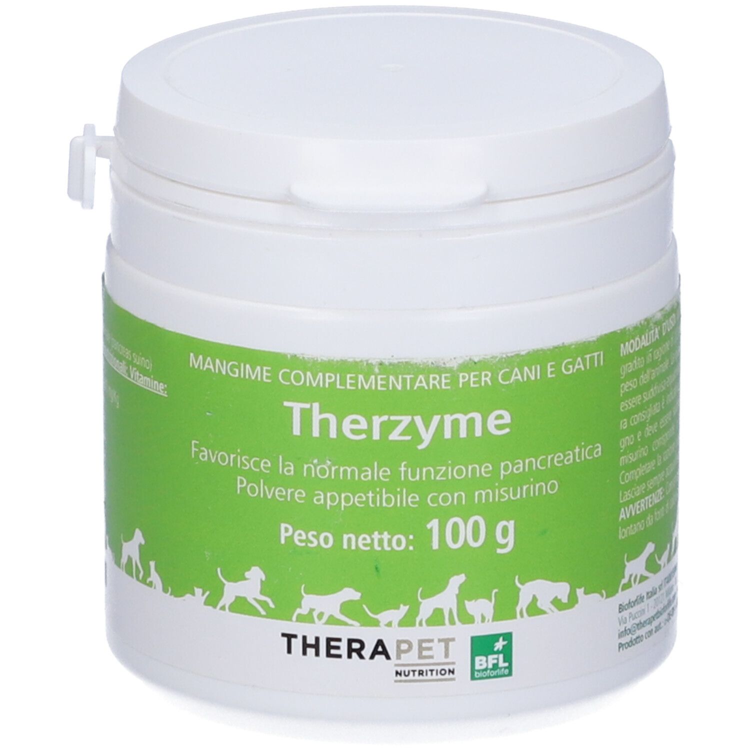 Weiße Dose mit grünem Etikett. Text: Therzyme, 100 g. Illustrationen von Hunden und Katzen. Marke: TheraPet.