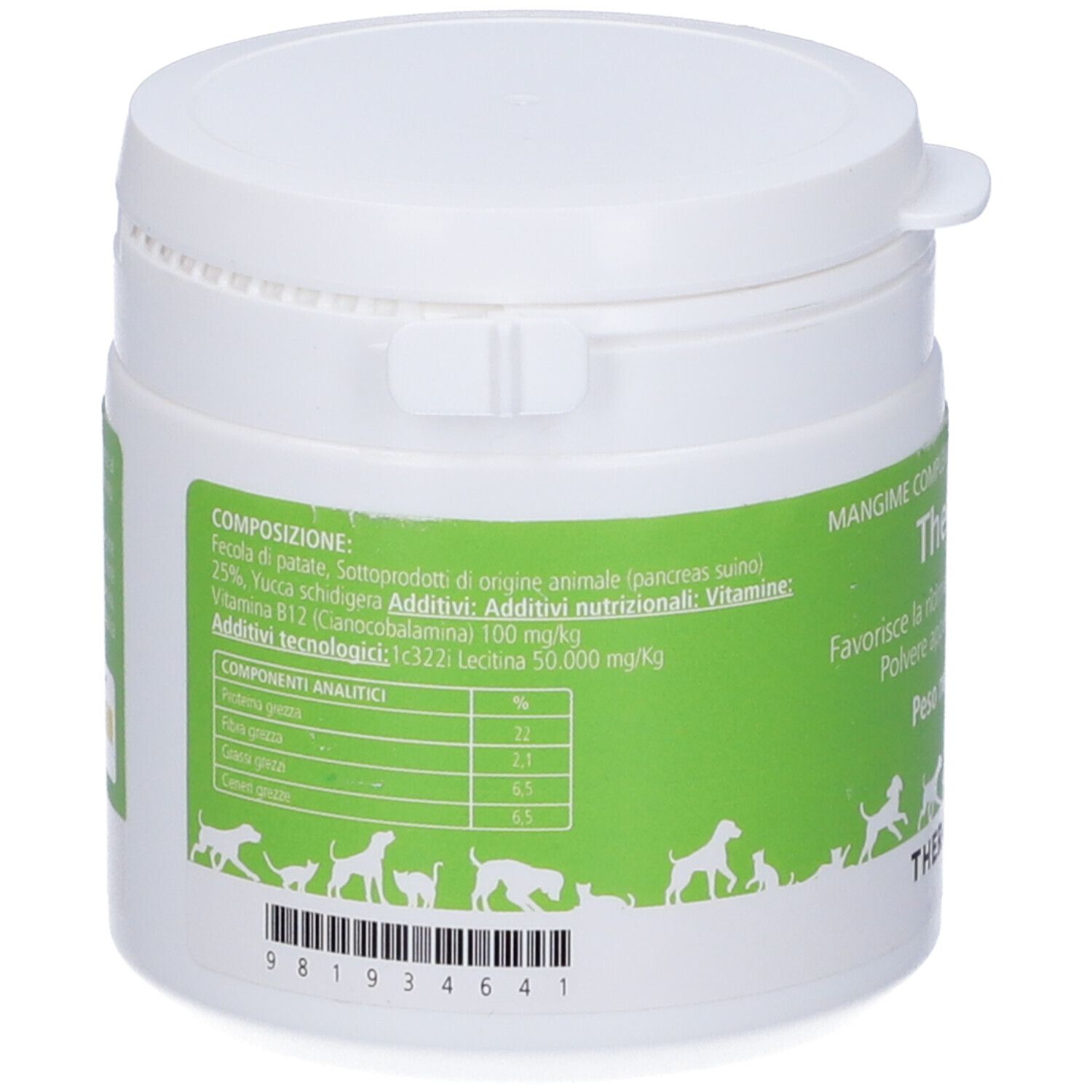 Weiße Dose, Rückseite mit grünem Etikett. Text: Inhaltsstoffe, Analyse. Illustrationen von Hunden und Katzen. Barcode.