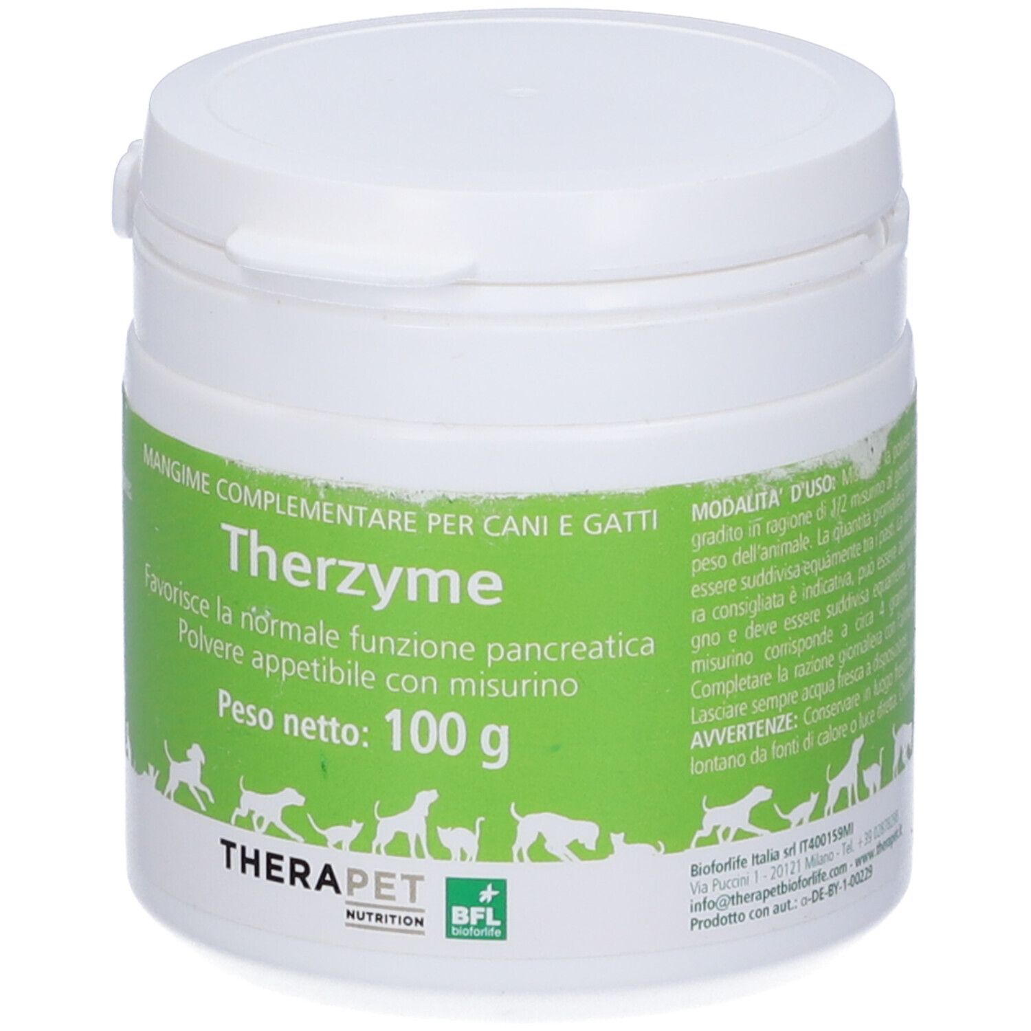 Weiße Dose mit grünem Etikett. Text: Therzyme, 100 g. Illustrationen von Hunden und Katzen. Marke: TheraPet.