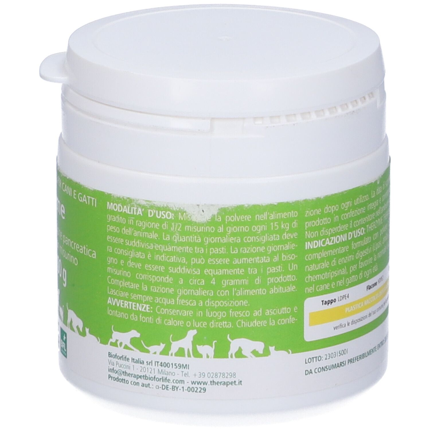 Weiße Dose mit grünem Etikett. Text: Therzyme, 100 g. Illustrationen von Hunden und Katzen. Marke: TheraPet.