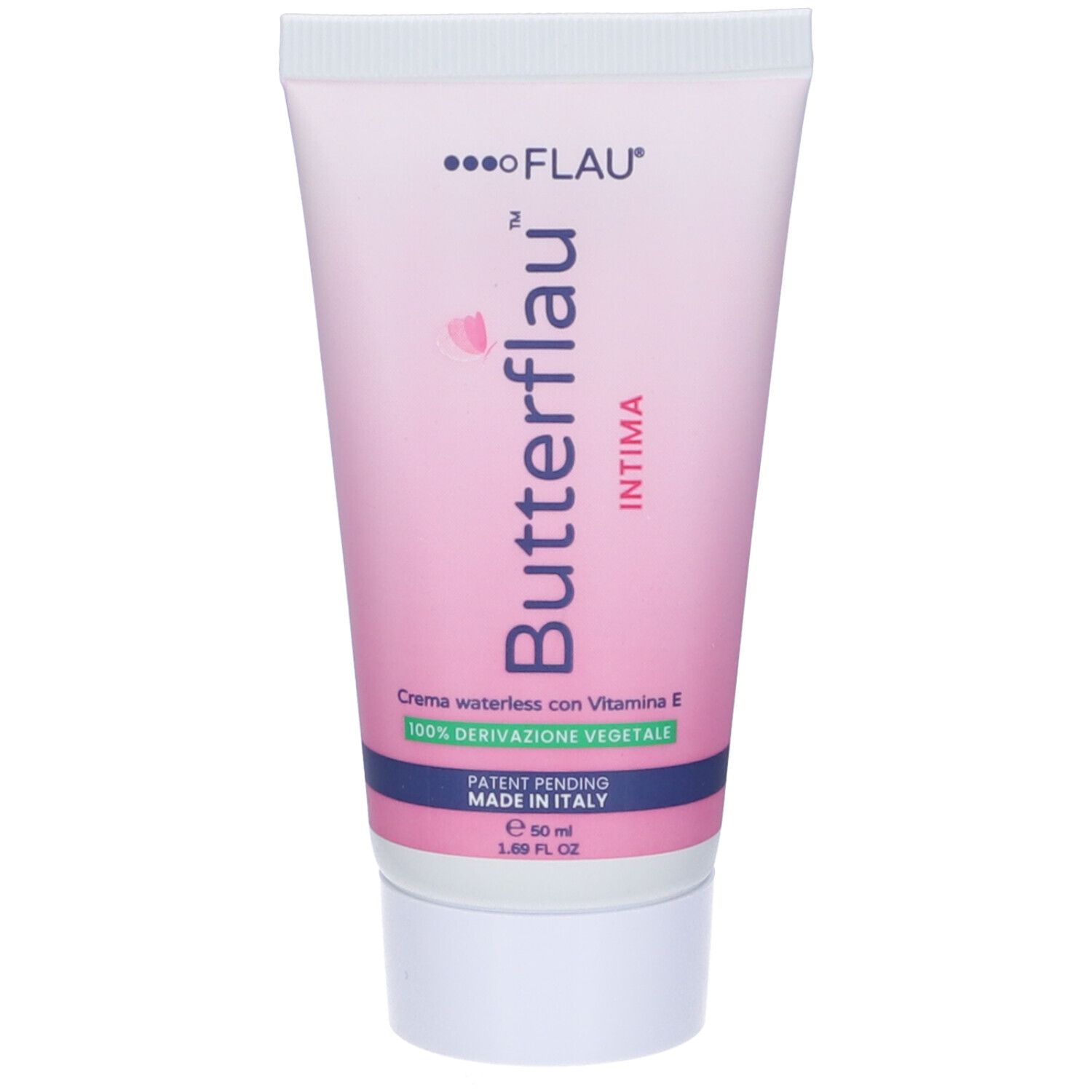 Tube rose avec bouchon blanc. Inscription: Butterflau Intima, crème sans eau à la vitamine E. Fabriqué en Italie.