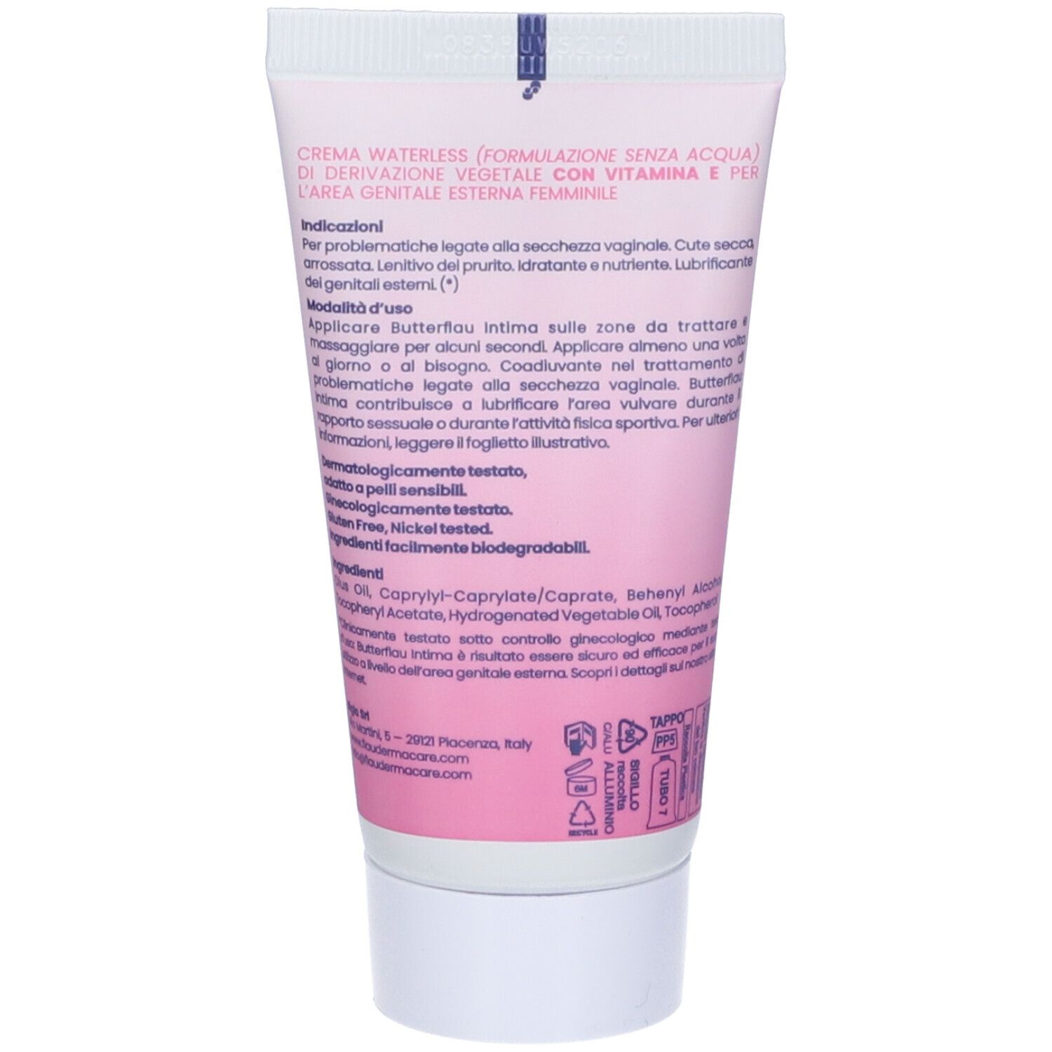 Dos d'un tube rose. Texte en italien. Contient des informations sur les ingrédients et l'utilisation.