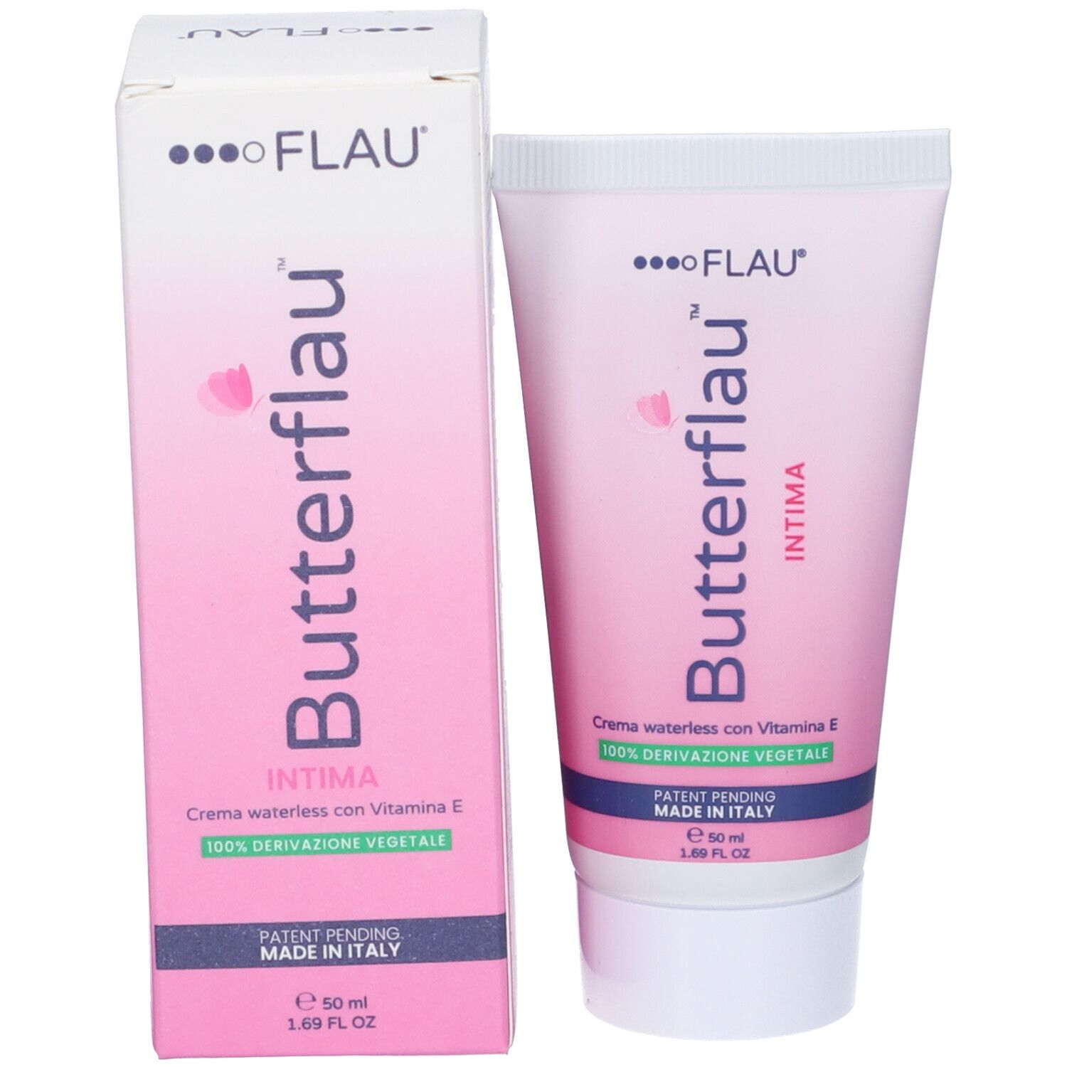 Emballage du produit: tube et boîte. Inscription: Butterflau Intima, crème sans eau à la vitamine E. Fabriqué en Italie.