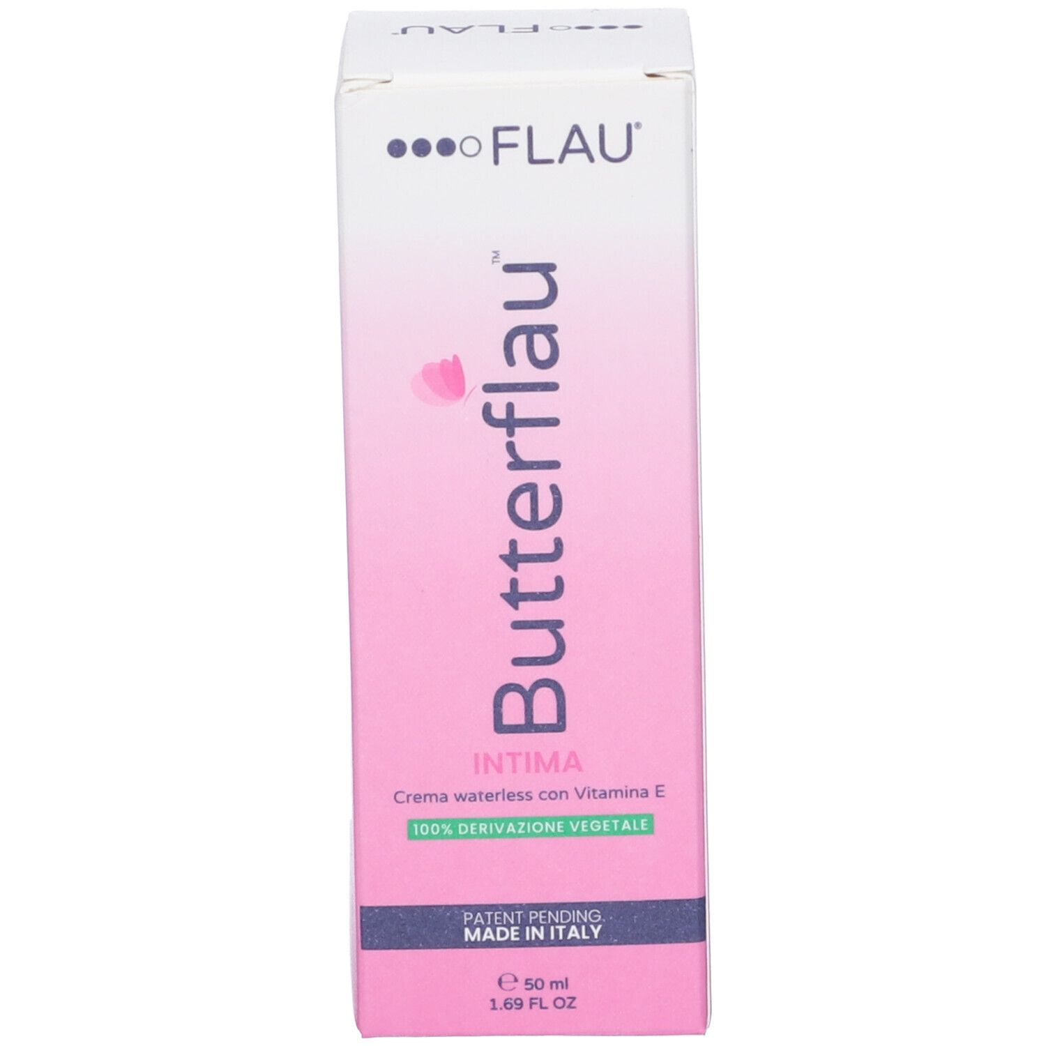 Boîte rose. Inscription: Butterflau Intima, crème sans eau à la vitamine E. Fabriqué en Italie. Emballage du produit.