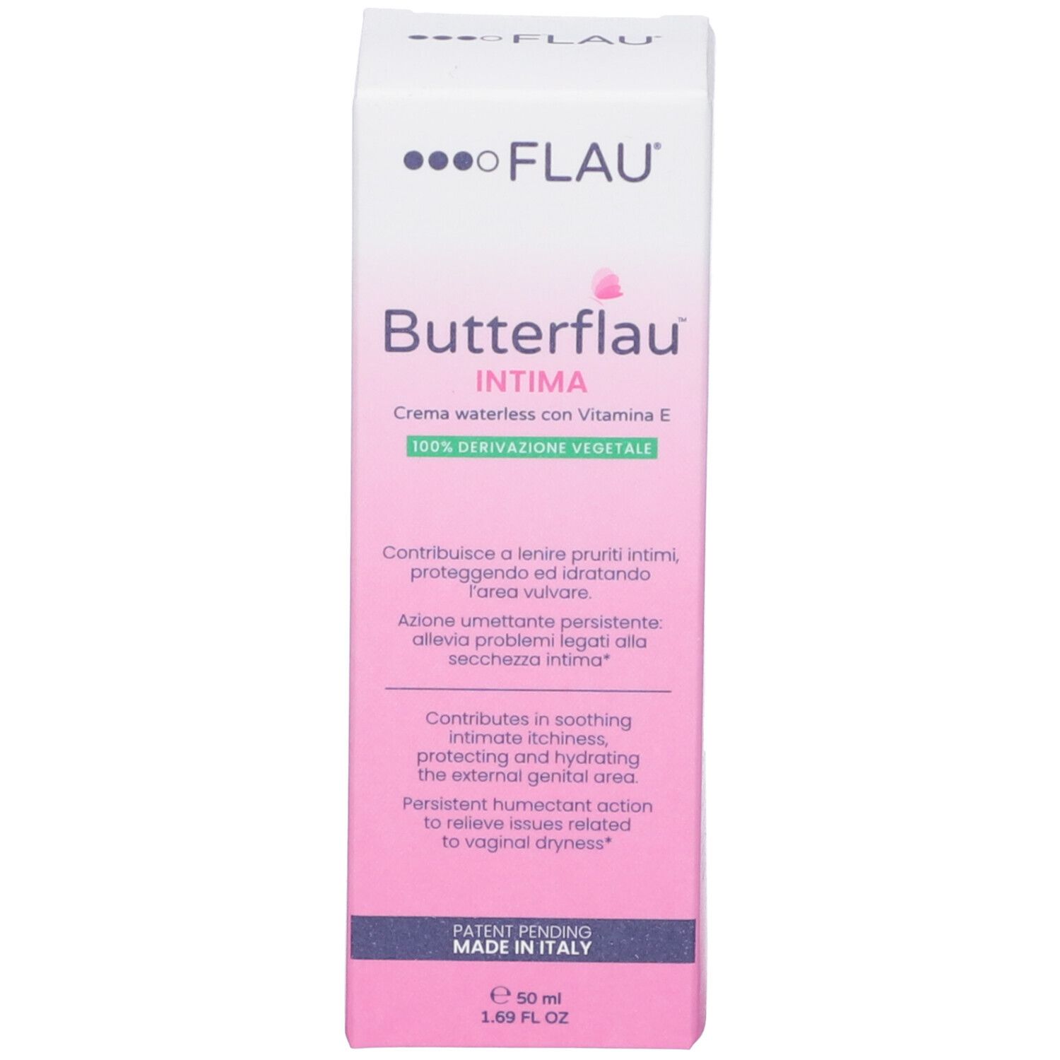 Face avant d'une boîte rose. Inscription: Butterflau Intima, crème sans eau à la vitamine E. Description du produit.