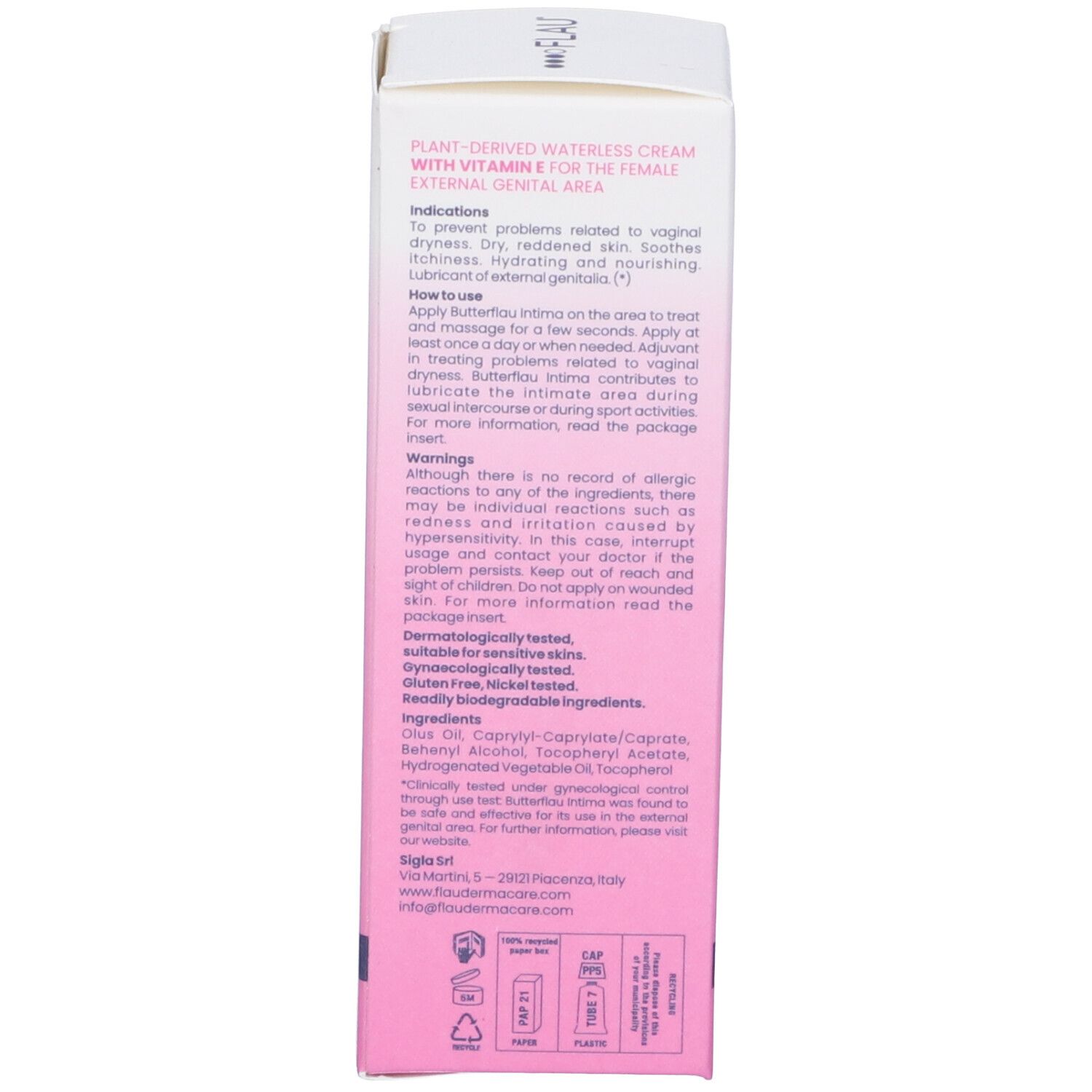 Dos d'une boîte rose. Texte en italien. Contient des informations sur les ingrédients et l'utilisation.