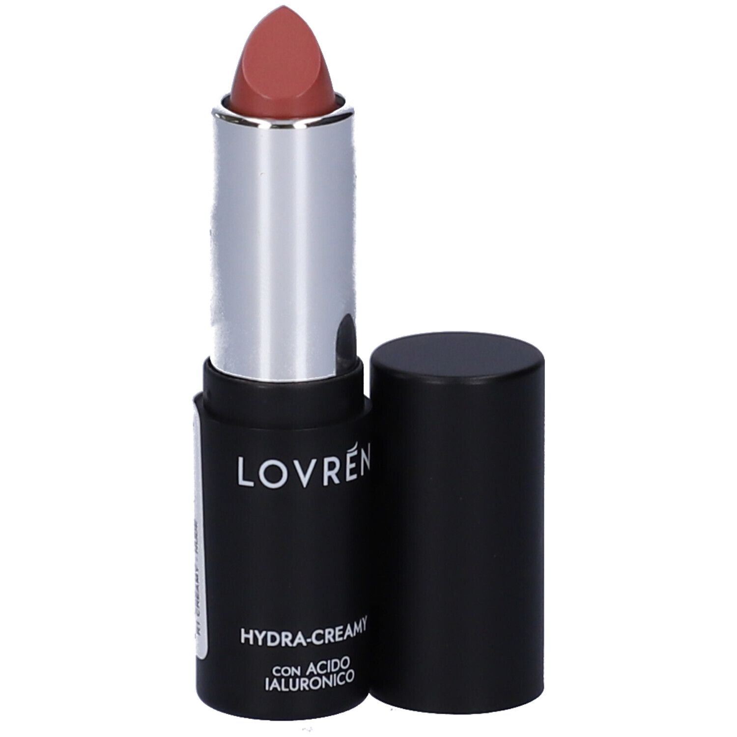 Rouge à lèvres nude dans un étui noir et argenté. Le nom "LOVREN" est visible sur l'étui.