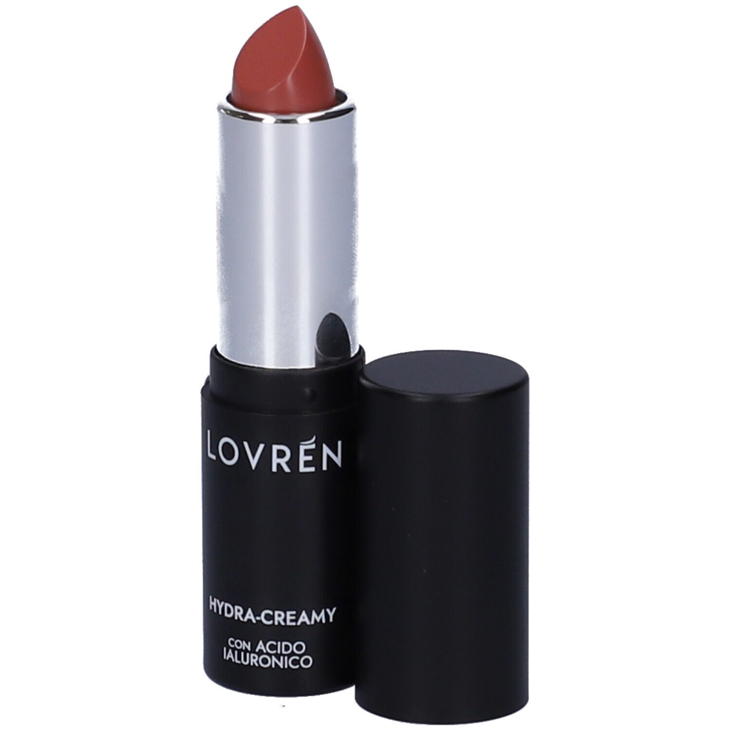 Rouge à lèvres rouge-brun dans un étui noir et argenté. Le nom "LOVREN" est visible sur l'étui.