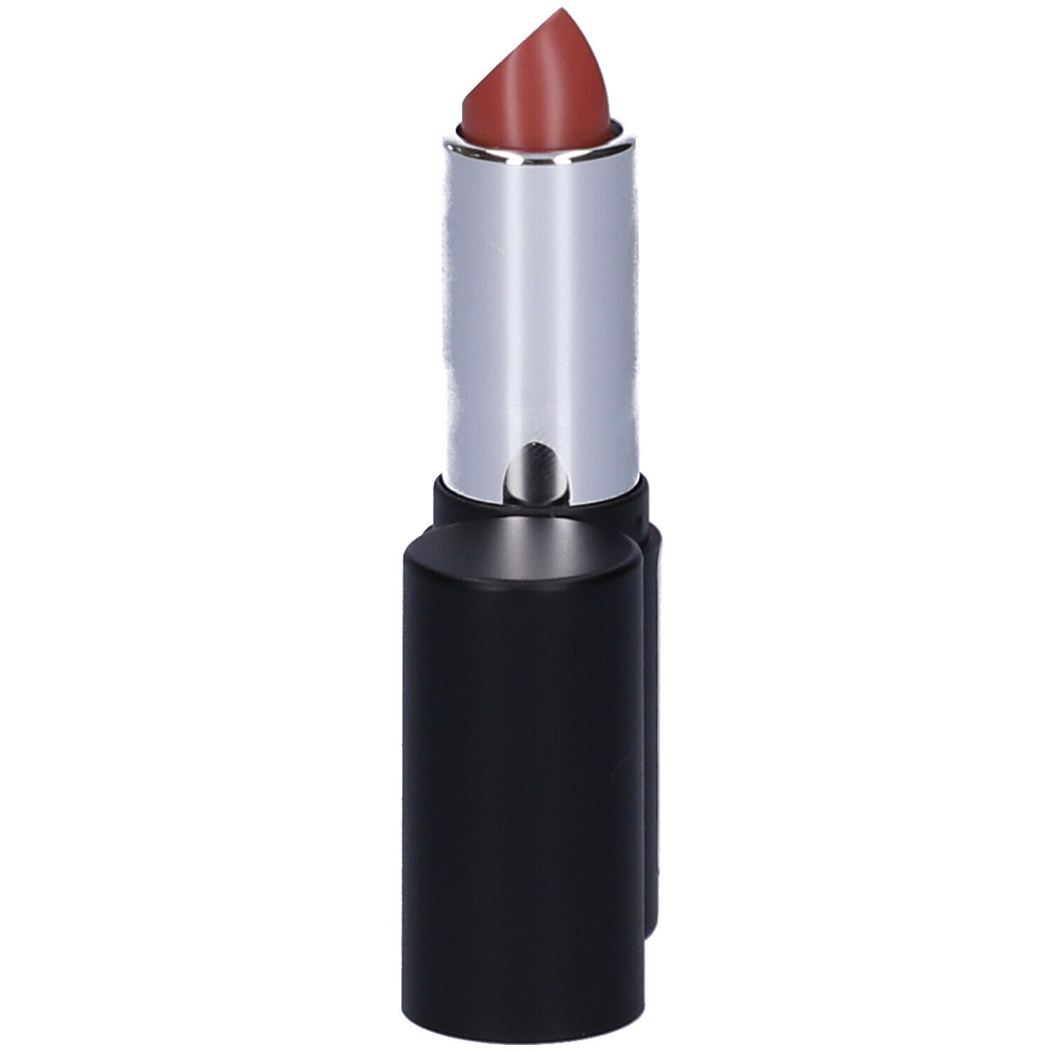 Rouge à lèvres rouge-brun dans un étui noir et argenté.