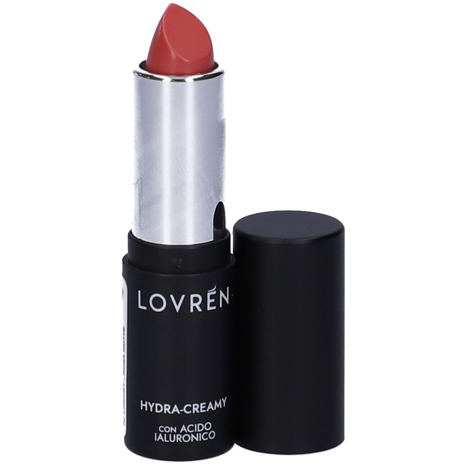 Lippenstift mit schwarzem Gehäuse und silberner Hülse. Geöffnet, zeigt die rosa Farbe und Produktnamen.