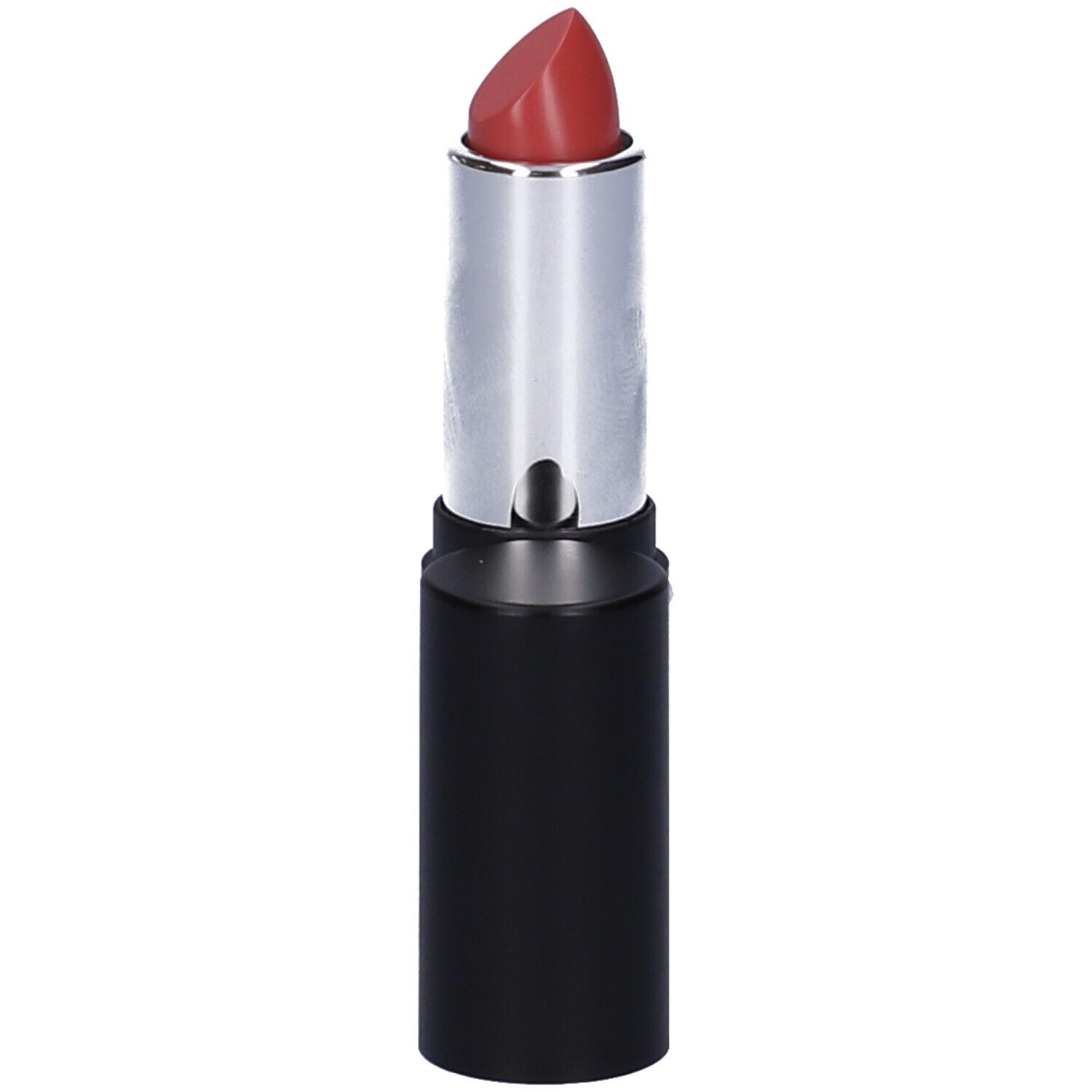 Geöffneter Lippenstift mit schwarzem Gehäuse und silberner Hülse. Rosa Lippenstiftspitze sichtbar.