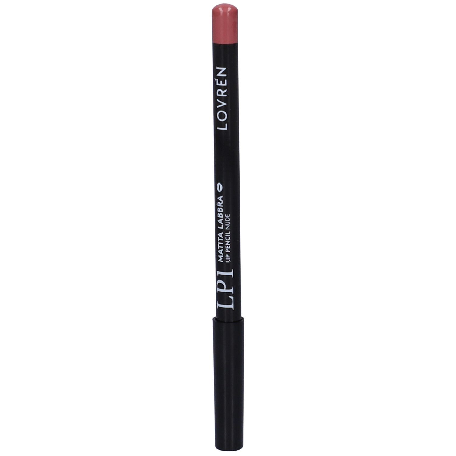 Lippenstiftstift, Farbe Nude. Schwarzer Stift mit rosafarbenem Ende. Aufschrift: LOVREN, MATITA LABBRA, LP1 LIP PENCIL NUDE.