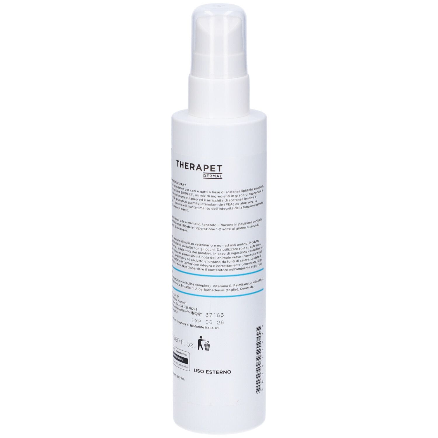 Weiße Sprühflasche mit blauem Etikett. Aufschrift: Theraidra Microbioma Spray, Therapet Dermal. Rückseite mit Text.