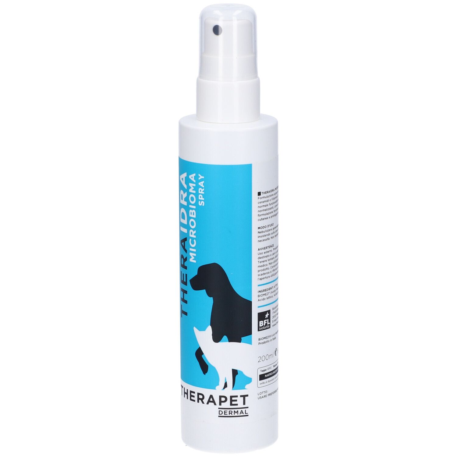 Weiße Sprühflasche mit blauem Etikett. Aufschrift: Theraidra Microbioma Spray, Therapet Dermal. Abbildung: Hund und Katze. Volumen: 200ml.