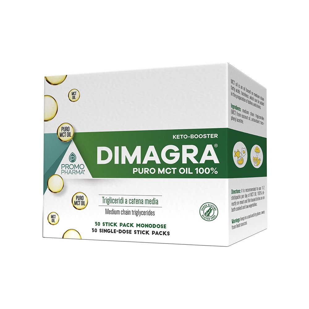 Boîte Dimagra Puro MCT Oil 100%. Design vert et blanc. Contient 30 sticks monodoses. Sans gluten.