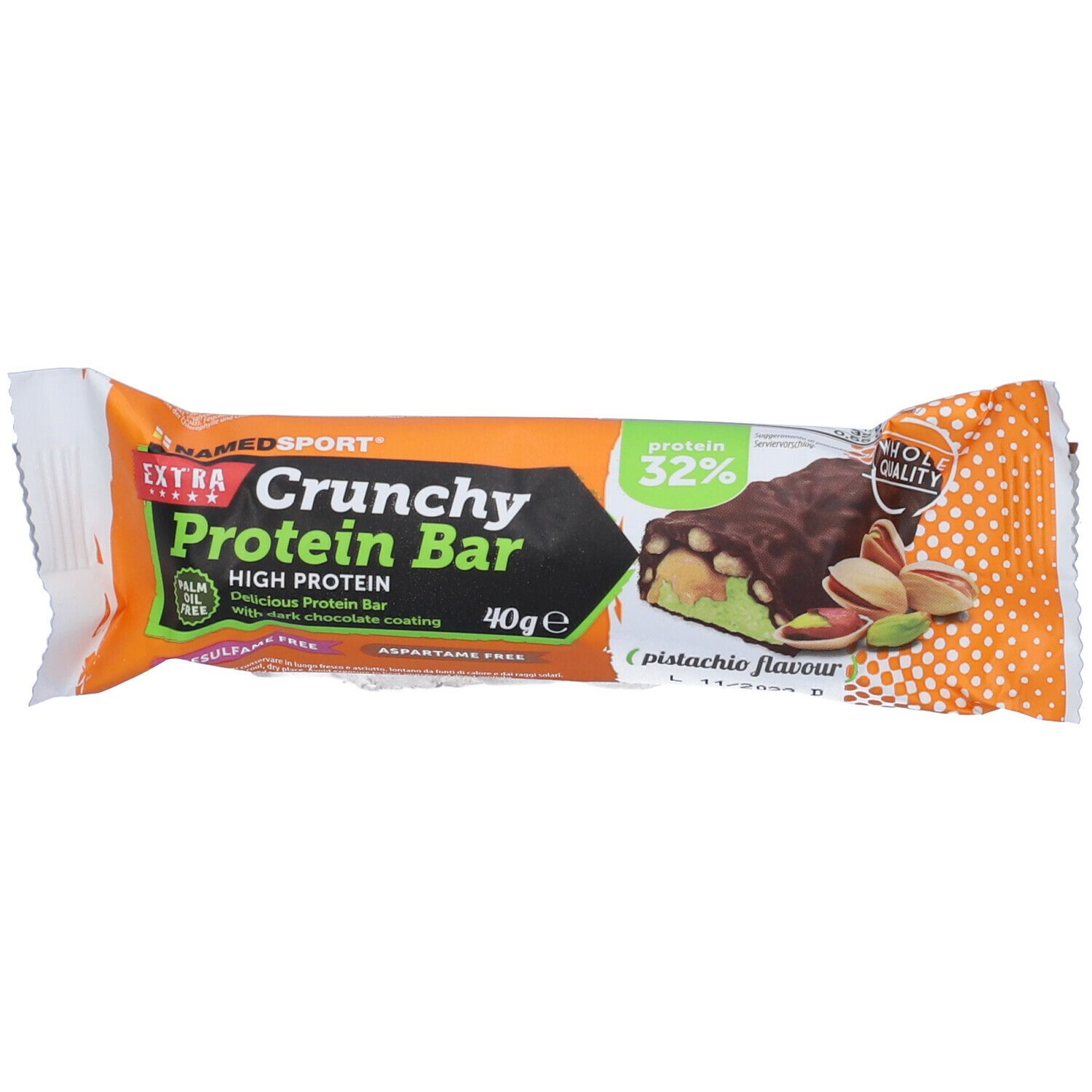 Barre protéinée Crunchy, saveur pistache, enrobée de chocolat. Emballage avec informations nutritionnelles.