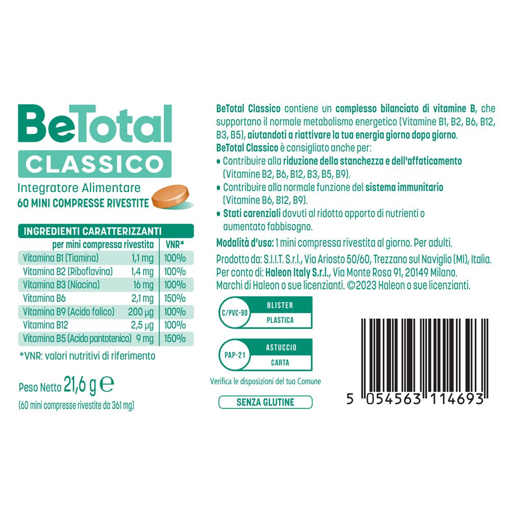 Rückseite der BeTotal Classico Verpackung. Enthält Informationen zu Inhaltsstoffen und Anwendung.