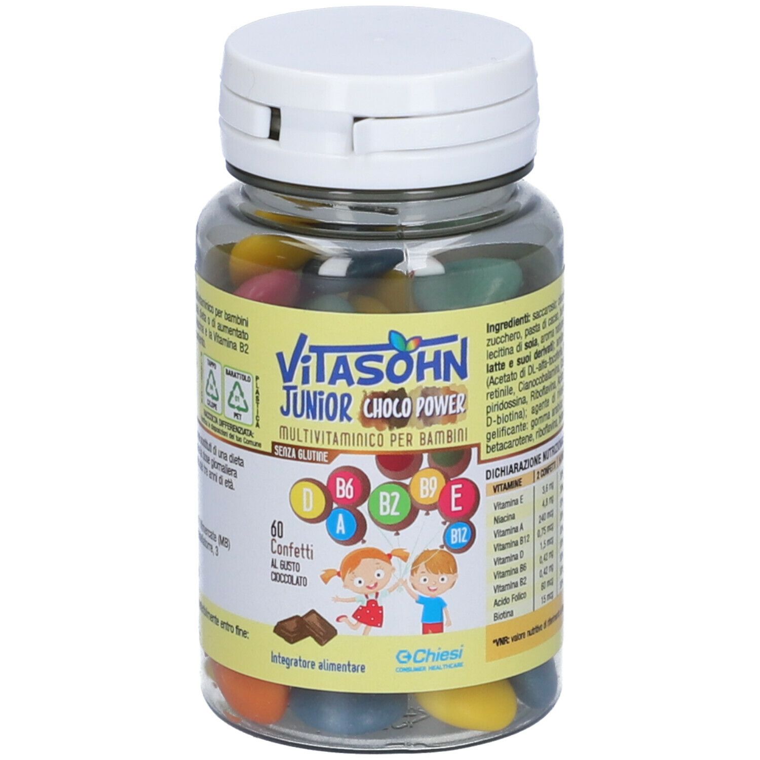 Flacon transparent avec confettis colorés. Inscription: Vitasohn Junior Choco Power. 60 confettis. Multivitaminico per bambini.