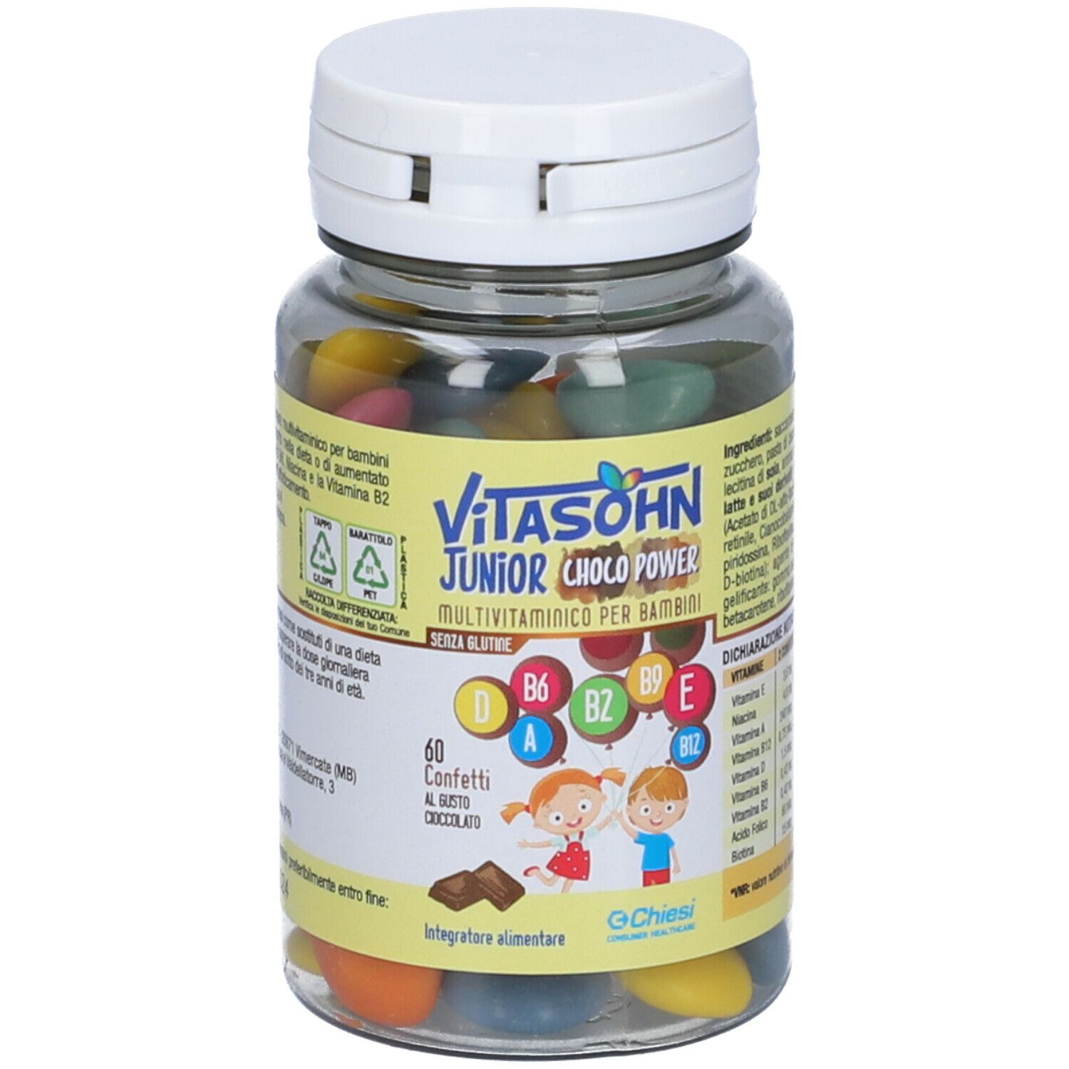 Flacon transparent avec confettis colorés. Inscription: Vitasohn Junior Choco Power. 60 confettis. Multivitaminico per bambini.