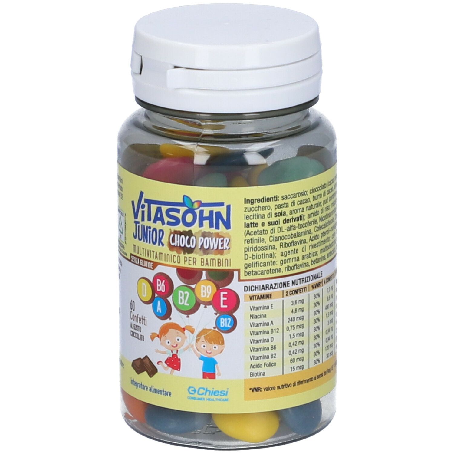 Flacon transparent avec confettis colorés. Inscription: Vitasohn Junior Choco Power. 60 confettis. Informations nutritionnelles.