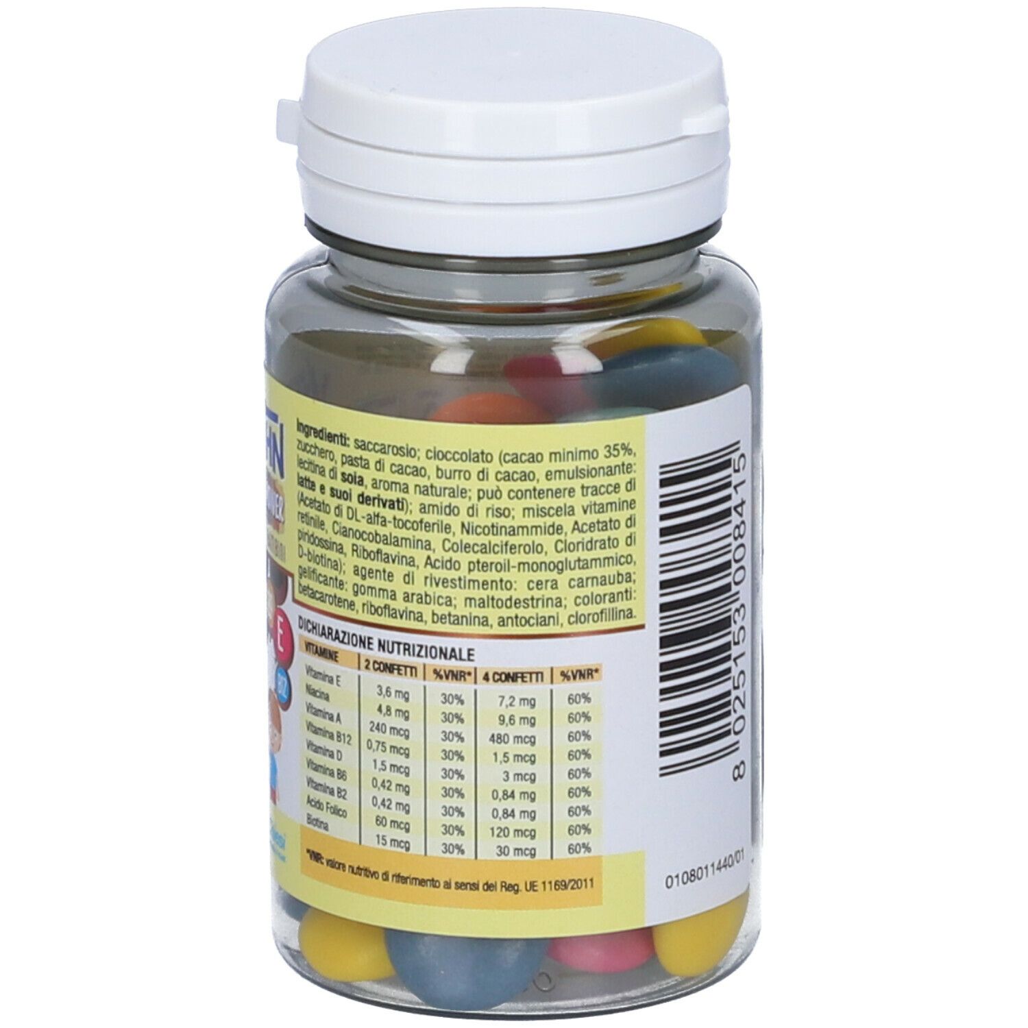 Dos du flacon avec texte et informations nutritionnelles. Inscription: Vitasohn Junior Choco Power. 60 confettis. Liste des ingrédients.