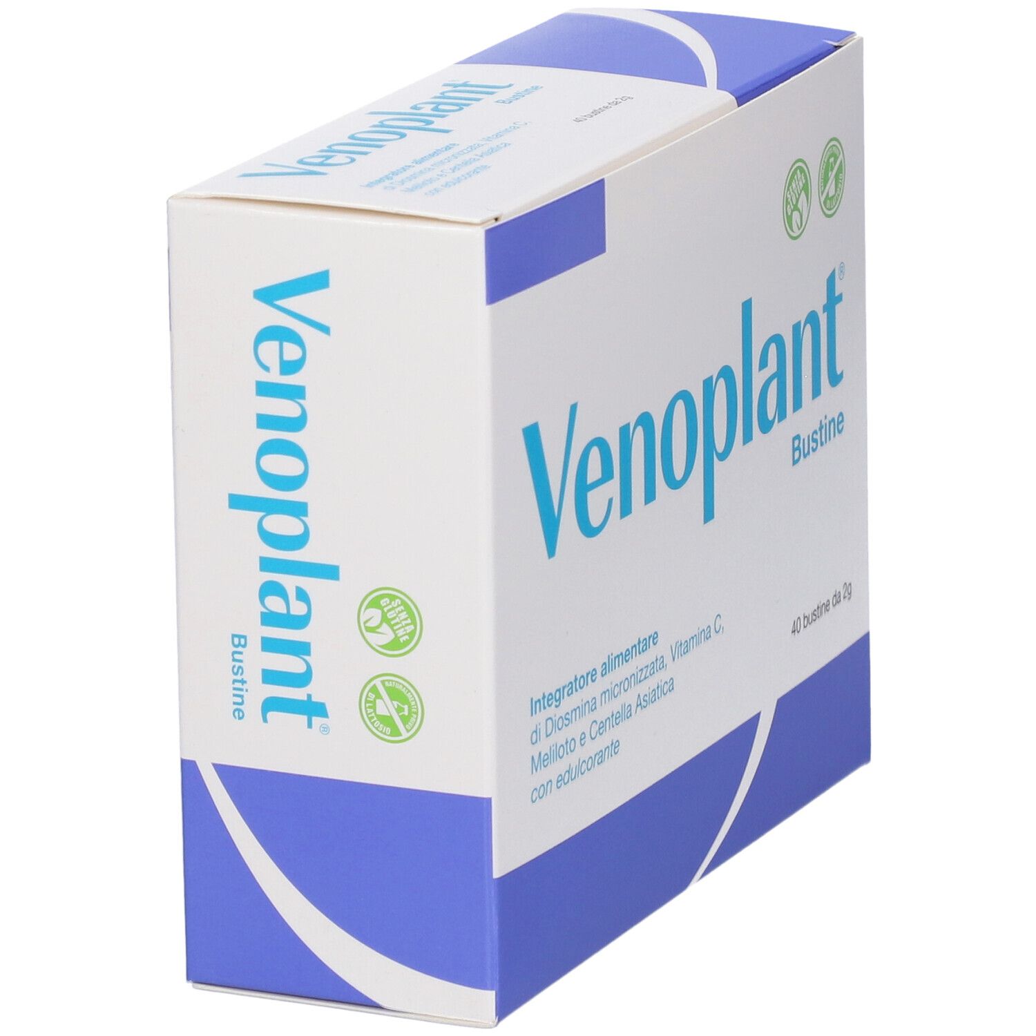 Emballage Venoplant Bustine, face avant et latérale. Contient 40 sachets de Diosmine, Vitamine C, Mélilot et Centella Asiatica.