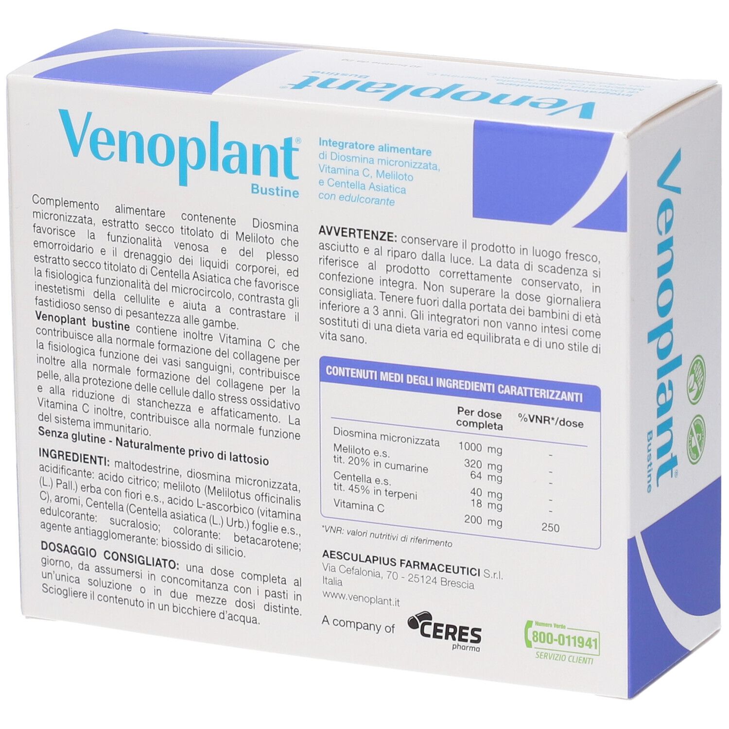 Arrière de l'emballage Venoplant Bustine. Indique les ingrédients : Diosmine, Vitamine C, Mélilot, Centella Asiatica.