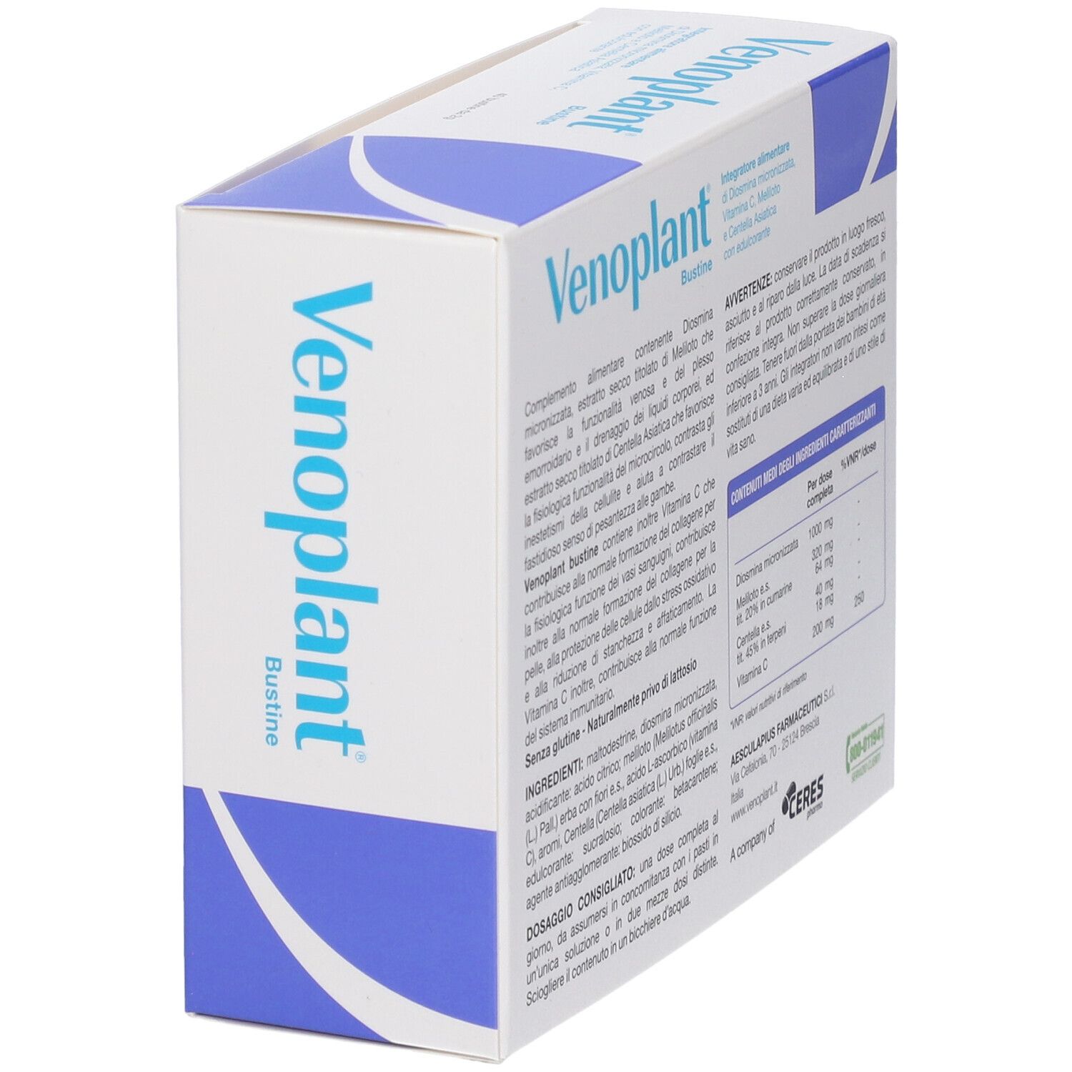 Emballage Venoplant Bustine, vue de trois quarts avant. Contient 40 sachets de Diosmine, Vitamine C, Mélilot et Centella Asiatica.