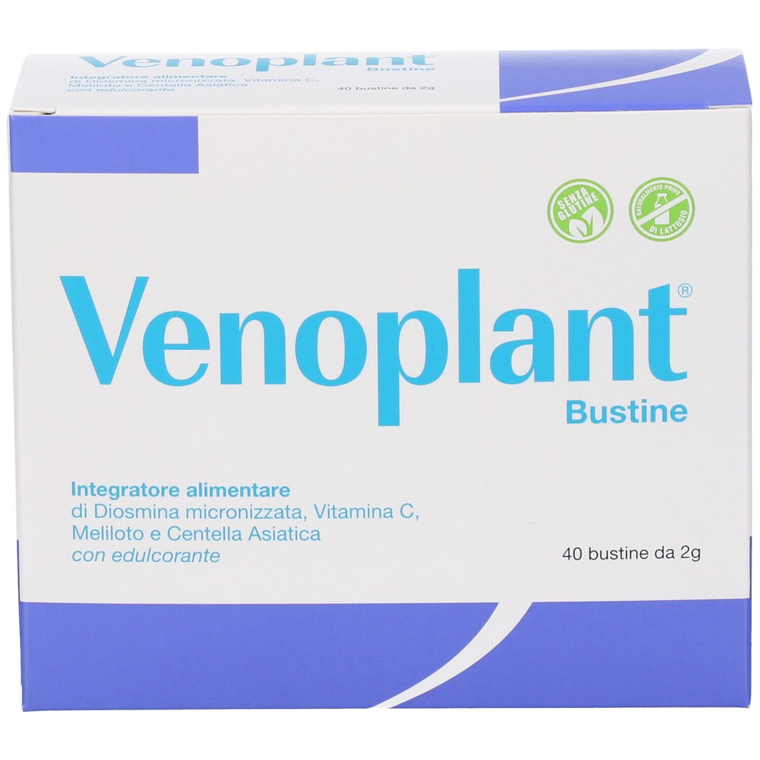 Emballage Venoplant Bustine, face avant. Contient 40 sachets de Diosmine, Vitamine C, Mélilot et Centella Asiatica.