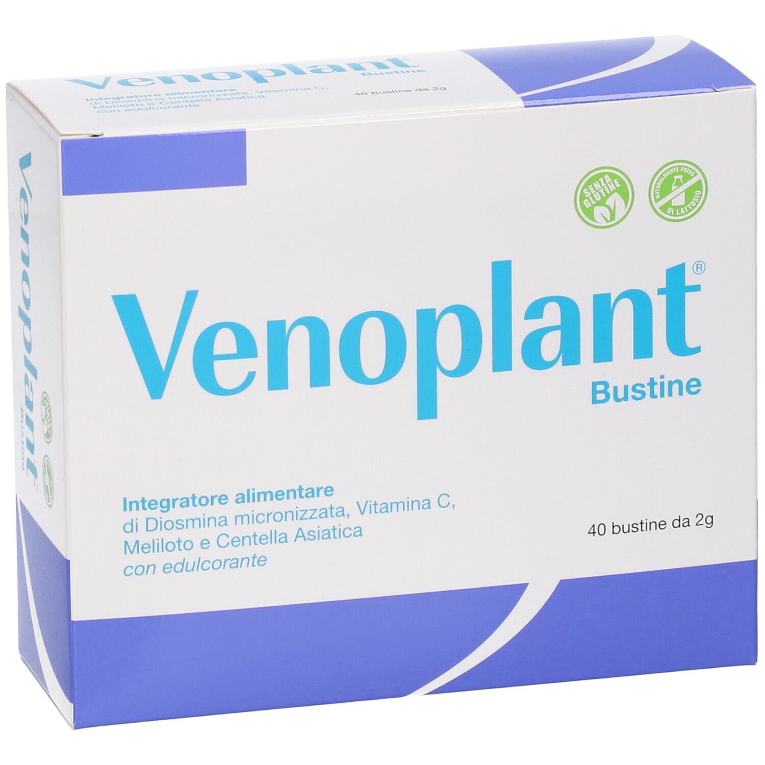 Emballage Venoplant Bustine, face avant. Contient 40 sachets de Diosmine, Vitamine C, Mélilot et Centella Asiatica.