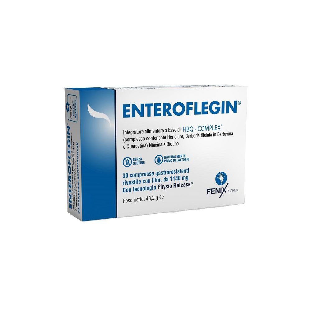 Schachtel mit ENTEROFLEGIN-Tabletten. Blaue und weiße Verpackung. Text: 30 Tabletten, glutenfrei, laktosefrei.