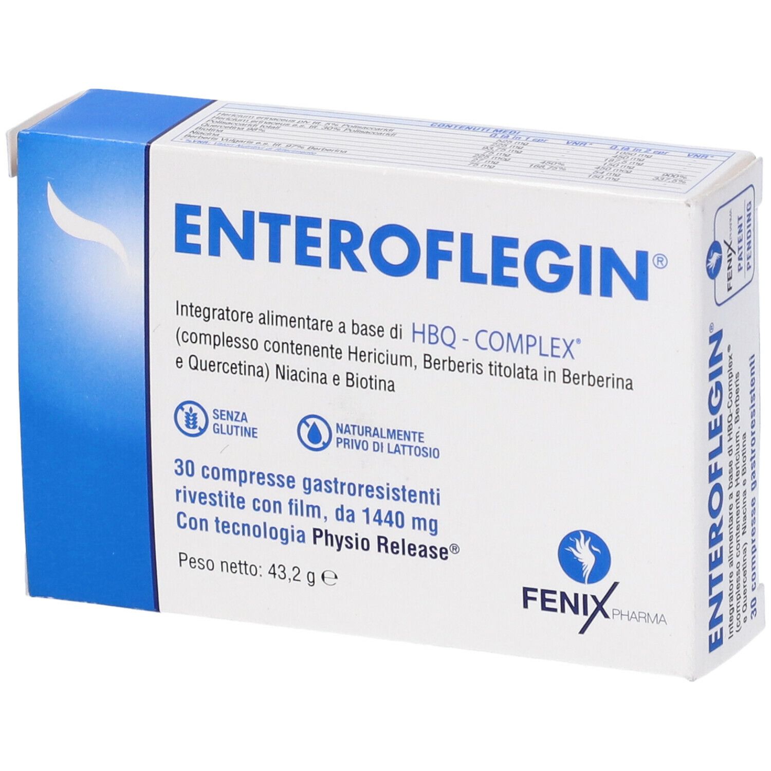 ENTEROFLEGIN-Schachtel. Blaue und weiße Verpackung. Text: 30 Tabletten, glutenfrei, laktosefrei. FENIX Pharma Logo.