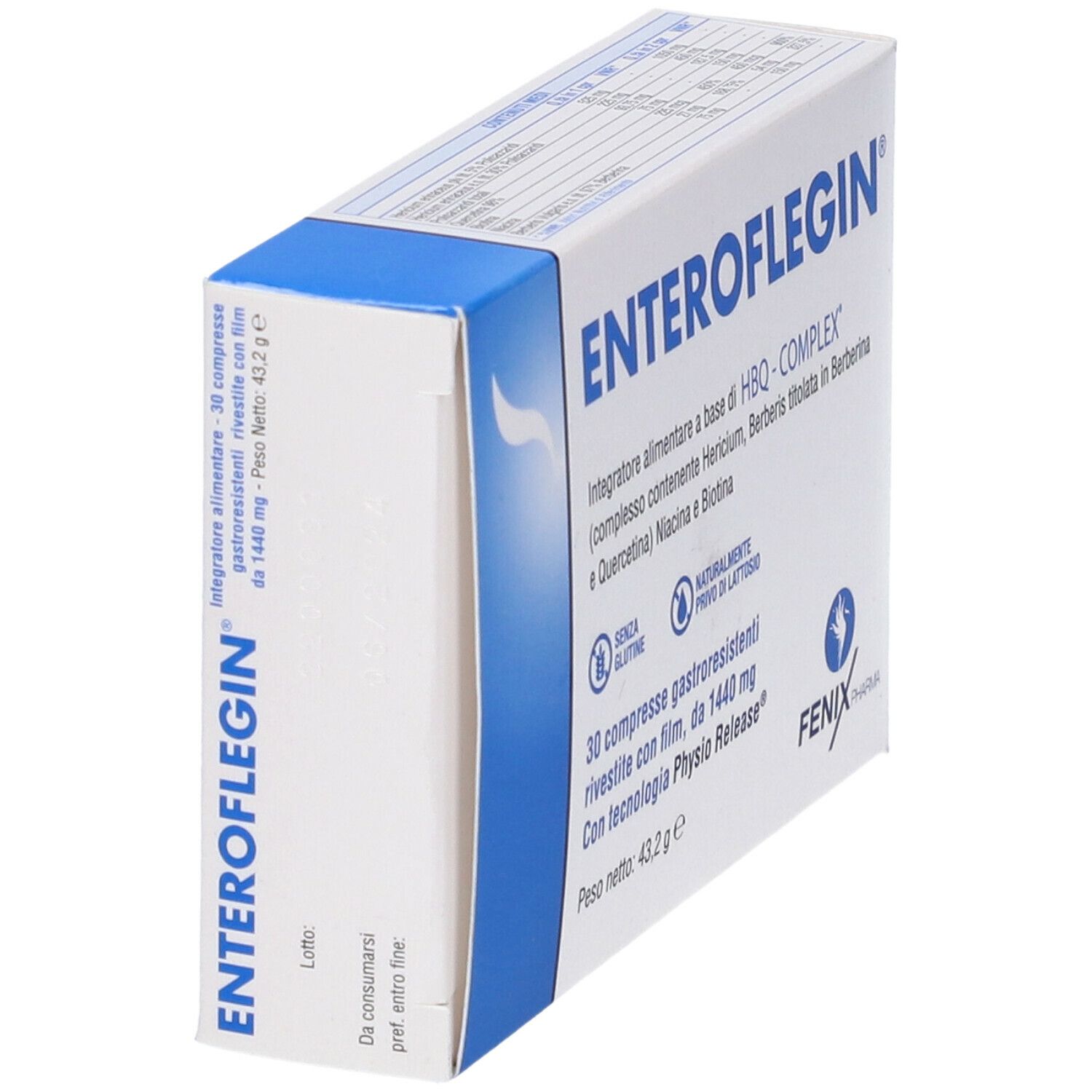ENTEROFLEGIN-Schachtel, schräg. Blaue und weiße Verpackung. Text: 30 Tabletten, glutenfrei, laktosefrei. FENIX Pharma Logo.