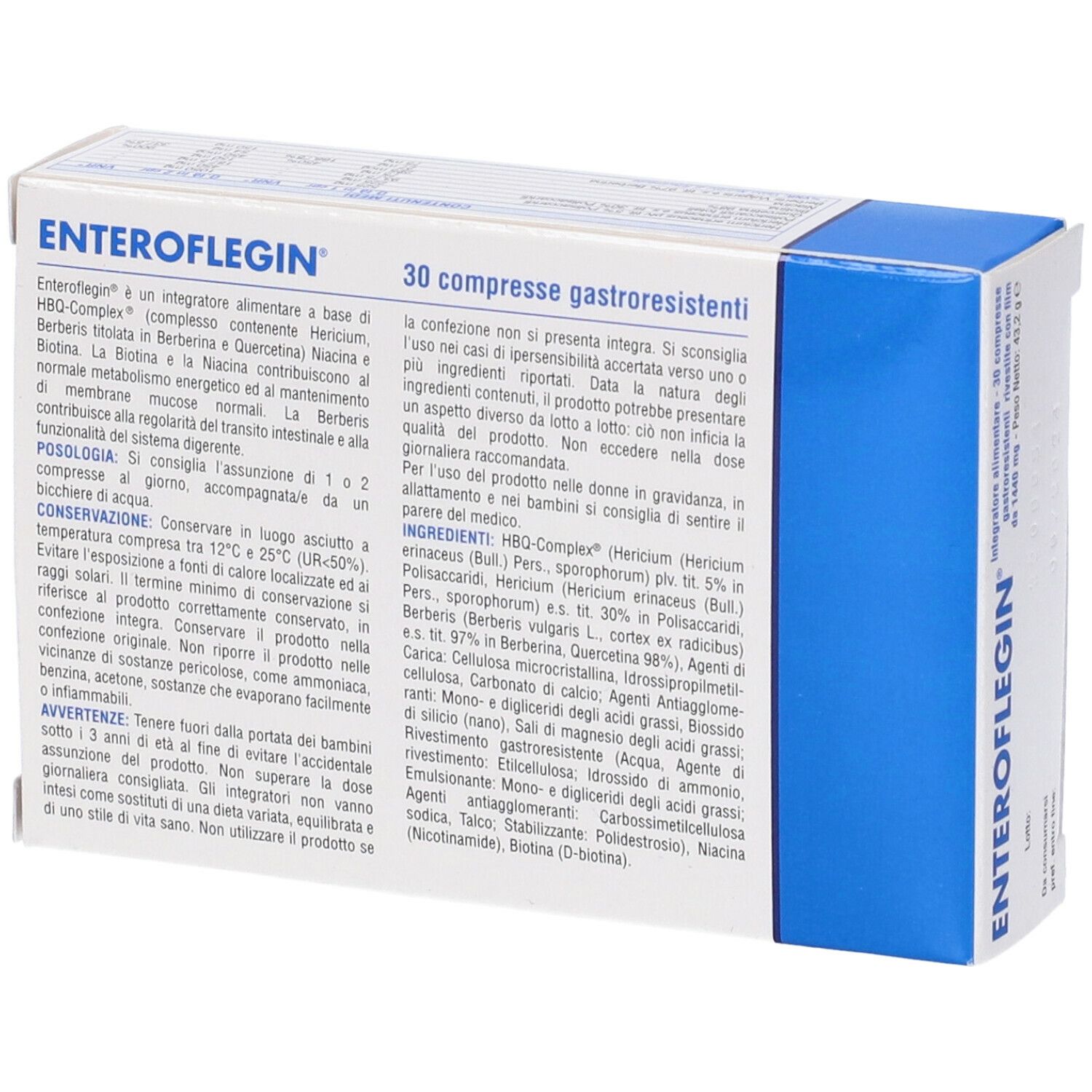 ENTEROFLEGIN-Schachtel, schräg. Blaue und weiße Verpackung. Text und Inhaltsstoffe. FENIX Pharma Logo.