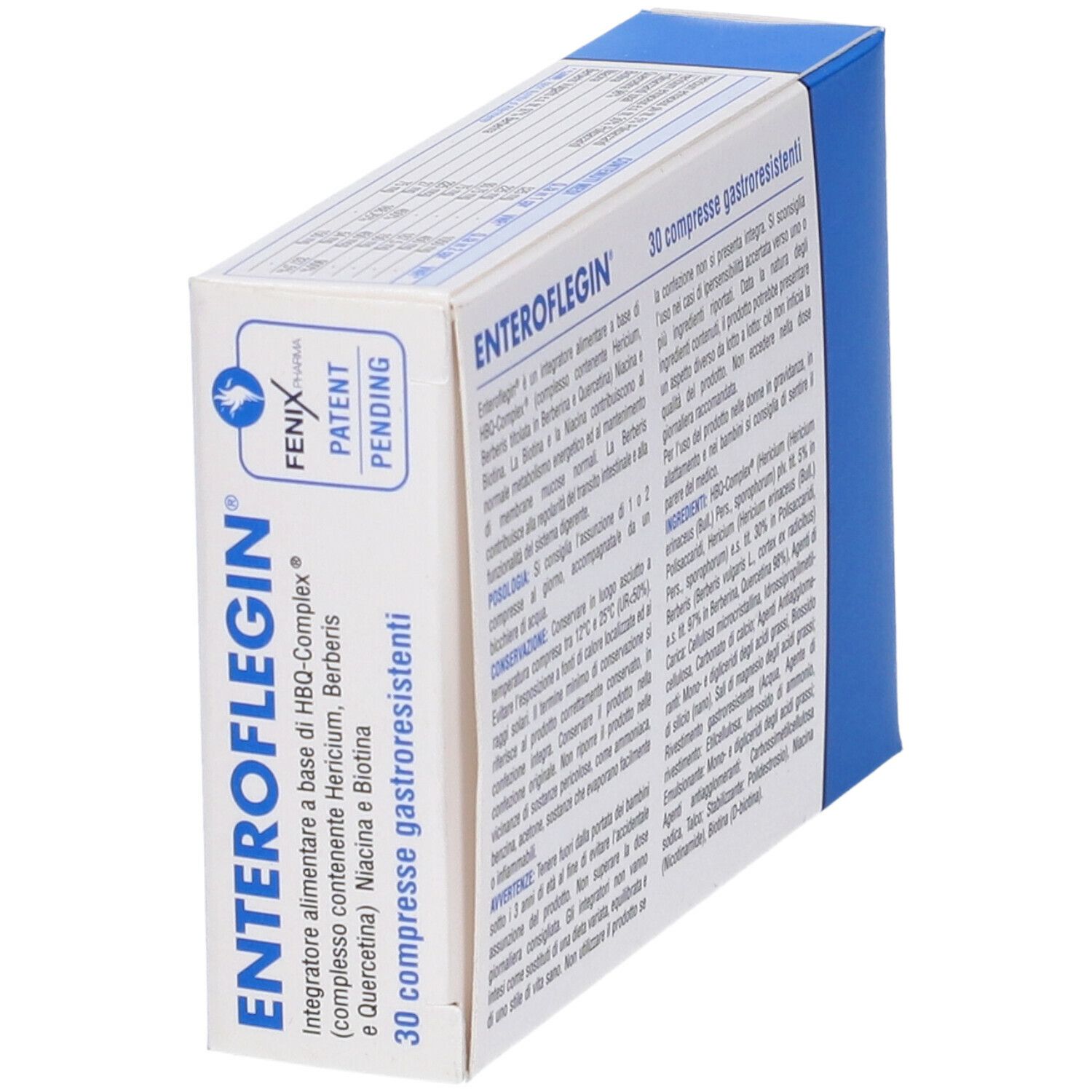 ENTEROFLEGIN-Schachtel, schräg. Blaue und weiße Verpackung. Text: 30 Tabletten, glutenfrei, laktosefrei. FENIX Pharma Logo.
