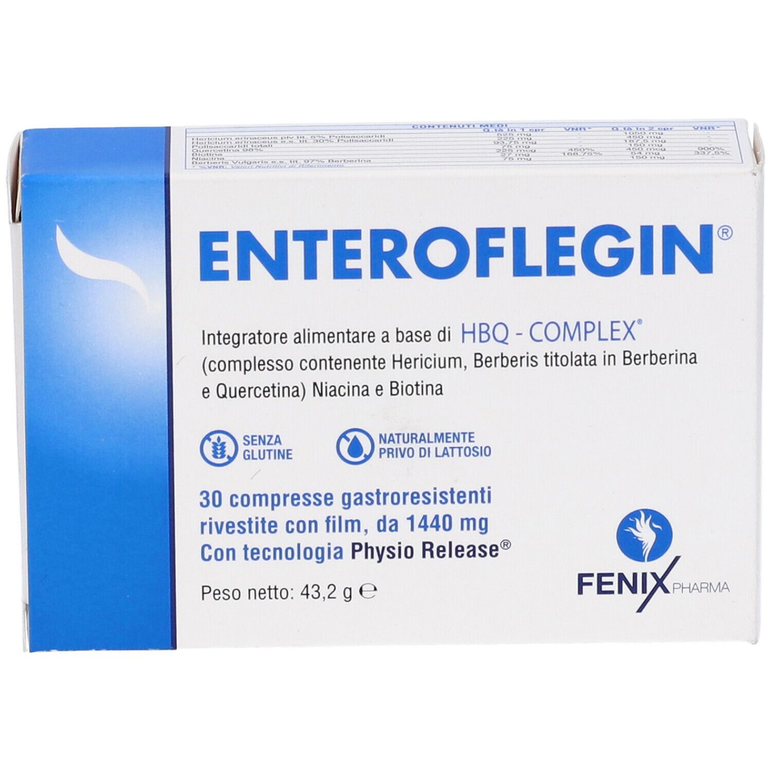 ENTEROFLEGIN-Schachtel. Blaue und weiße Verpackung. Text: 30 Tabletten, glutenfrei, laktosefrei. FENIX Pharma Logo.