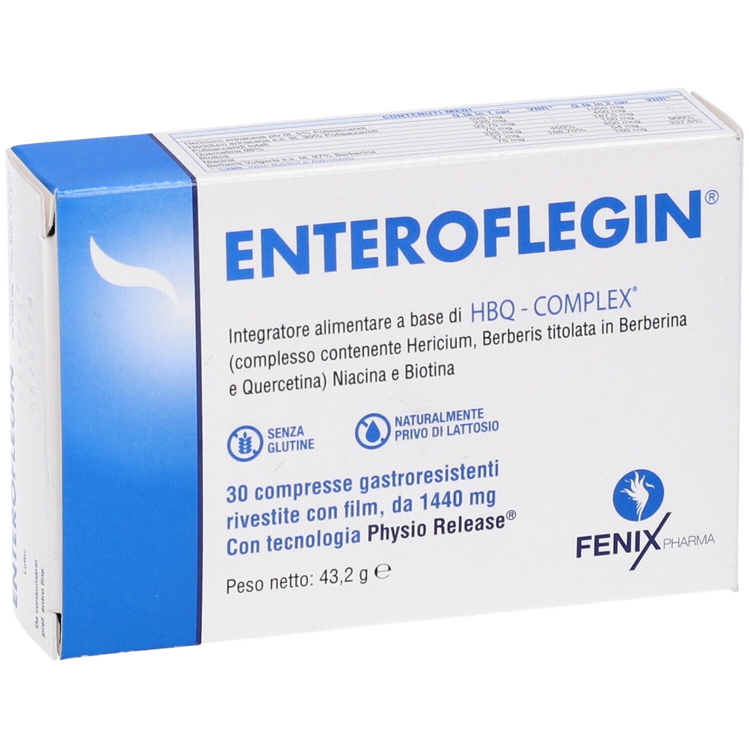 ENTEROFLEGIN-Schachtel. Blaue und weiße Verpackung. Text: 30 Tabletten, glutenfrei, laktosefrei. FENIX Pharma Logo.