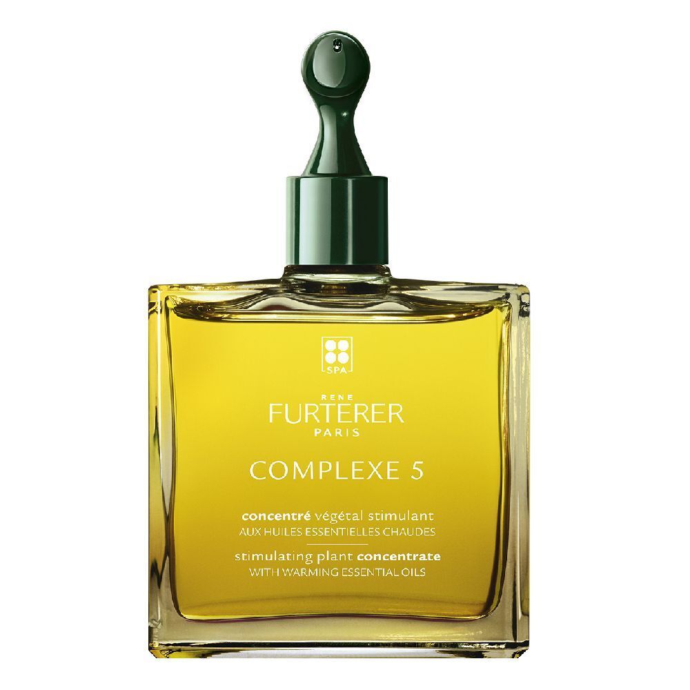 Flacon carré en verre avec liquide jaune et applicateur vert. Inscription: COMPLEXE 5, concentré végétal stimulant.