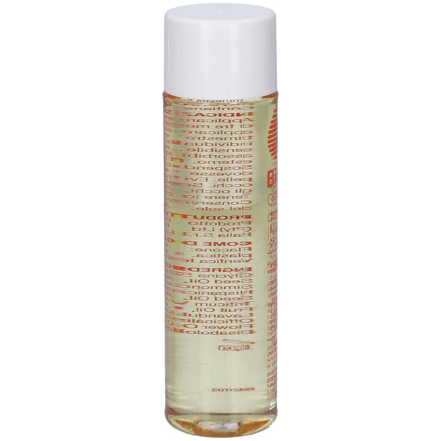 Bio-Oil® Ölflasche, transparent, mit weißem Deckel. Etikett mit Text in verschiedenen Sprachen.